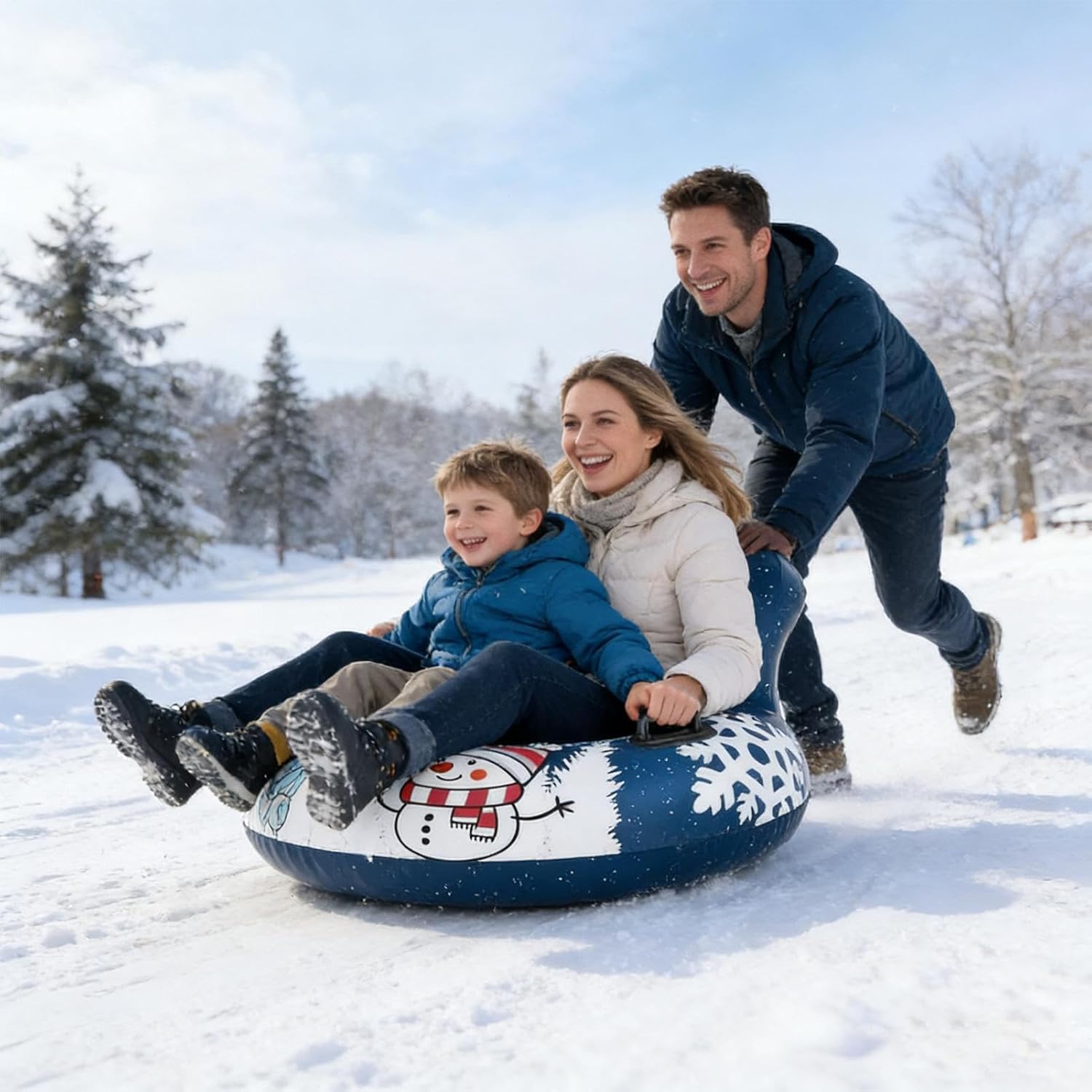 Inflatable Snow Tube – 43 Inch Padded Sled with Backrest and Handles | Heavy Duty Winter Outdoor Sled for Skiing Skating Beaches Parks Gardens Use