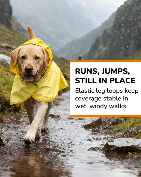 Waterproof Dog Raincoat with Hood, Extended Coverage Rain Jacket for Large Dogs, Wind-Resistant Secure Fit with Leg Straps, Reflective, Leash Hole, Easy Hook & Loop Fastener On/Off, Yellow, XL