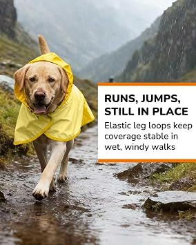 Waterproof Dog Raincoat with Hood, Extended Coverage Rain Jacket for Large Dogs, Wind-Resistant Secure Fit with Leg Straps, Reflective, Leash Hole, Easy Hook & Loop Fastener On/Off, Yellow, XL