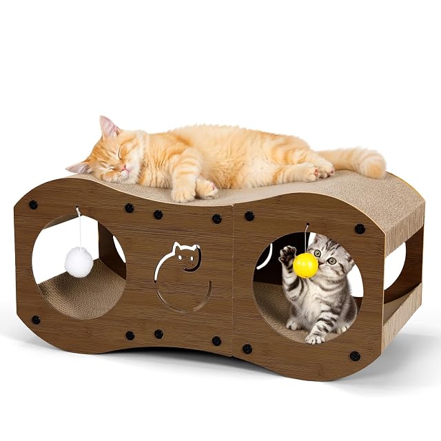 Gimars Rascador para Gatos de Cartón en Forma de 8, con Túnel y Pelota, Protección de Muebles, Natural (Nogal)