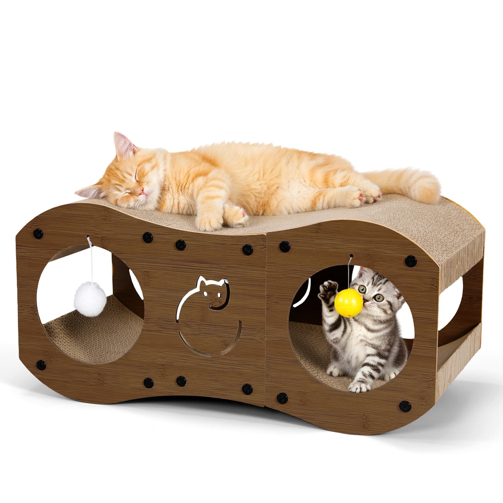 Gimars Griffoir Chat en Carton 3-en-1 avec Tunnel, Griffoir en Carton pour Chats avec Balles, Protection des Meubles, Style Bois (Noyer)