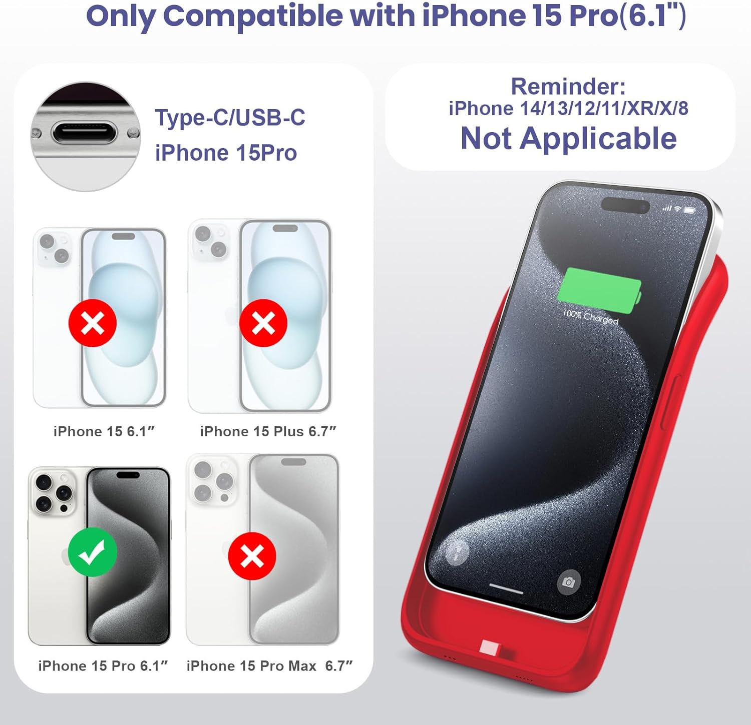 15W Fast Charging Battery Case for iPhone 15 Pro(6.1 inch),7500mAh Slim Portable Charging Case with 360°Protection,Rechargeable Extended Phone Charger Cover for iPhone 15 Pro Battery Case-Red