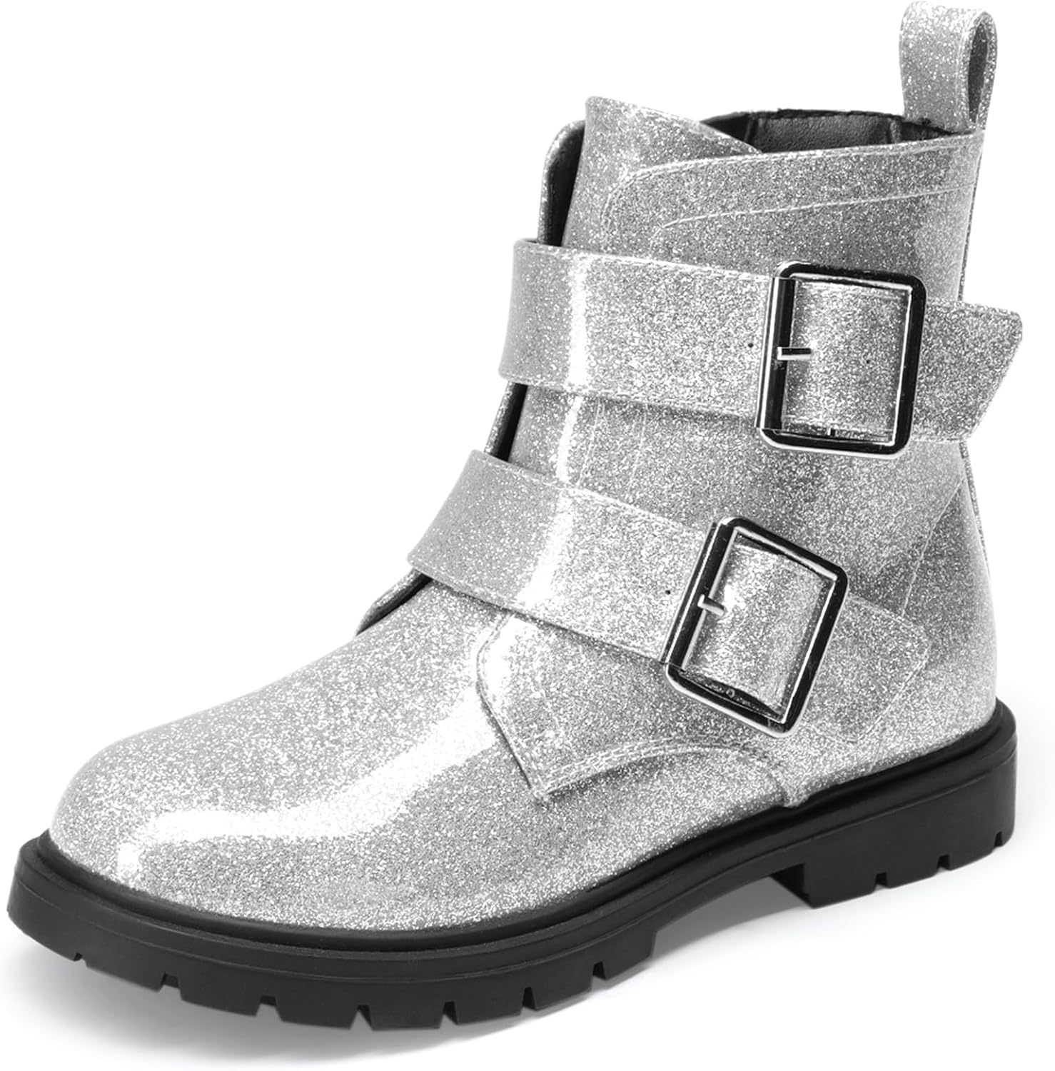 DREAM PAIRS Girls Boys Glitter Ankle Boots Side Zipper Combat Shoes with Buckles Toddler/Little Kid/Big Kid