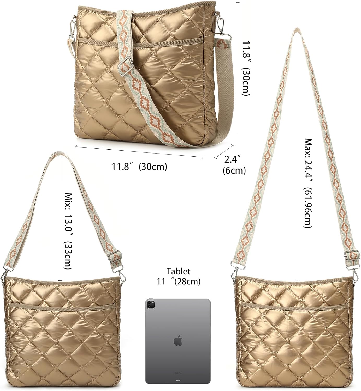 Quilted Crossbody & Puffer Shoulder Bag, Tote with Zipper - Fashion Cotton Quilted Ladies Handbag - Image 3