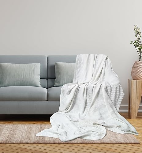 Miniatura 6 de COTTON CRAFT Basket Weave - Manta 100% algodón de 330 GSM, manta térmica ultra suave, para todas las estaciones, ligera, transpirable, agradable a