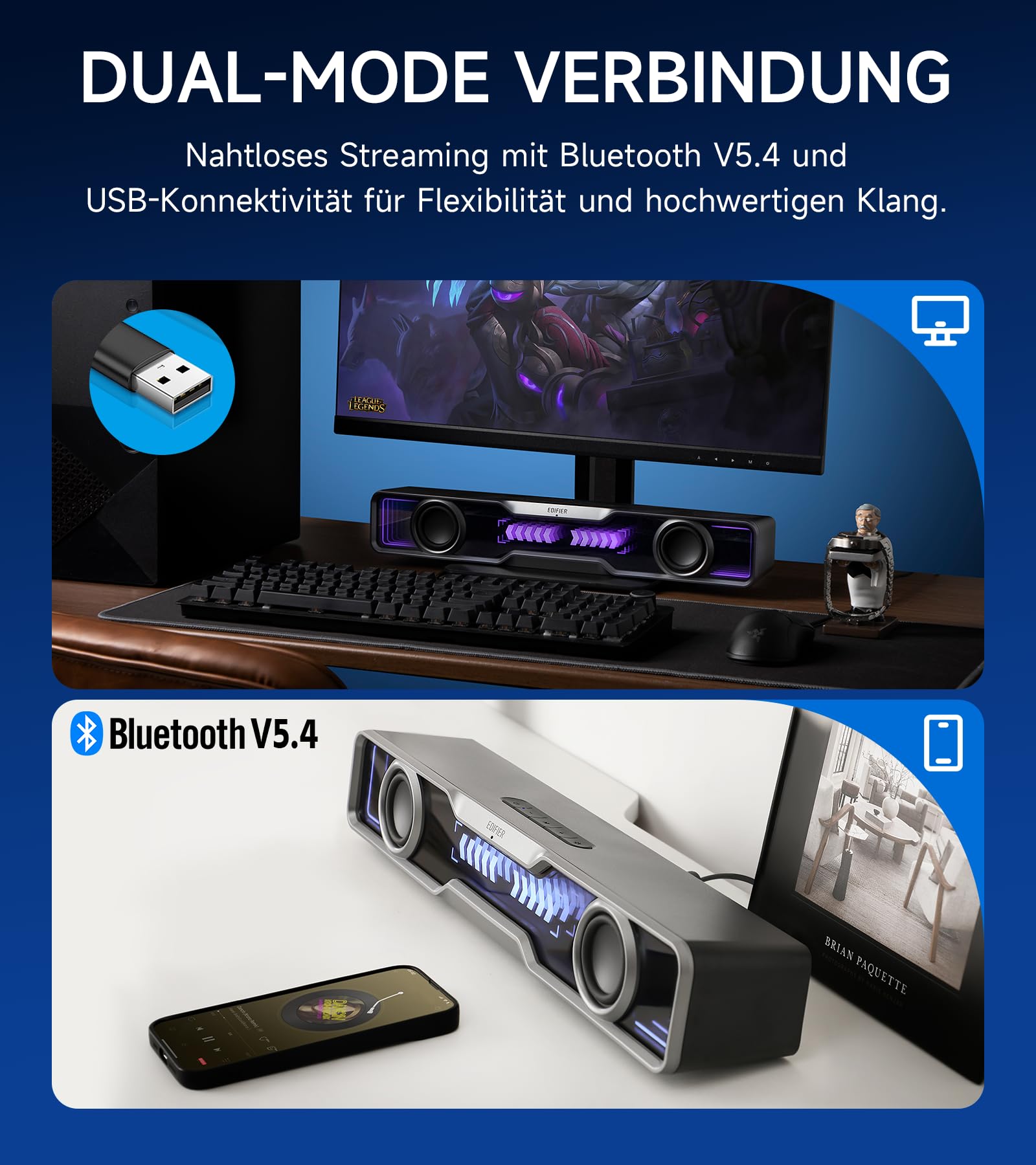Edifier QS30 Multimedia Soundbar mit Dynamischer Beleuchtung, Bluetooth V5.4, Verstärktem Bass, Mehreren Soundeffekten für Desktop/PC/Laptop- Schwarz