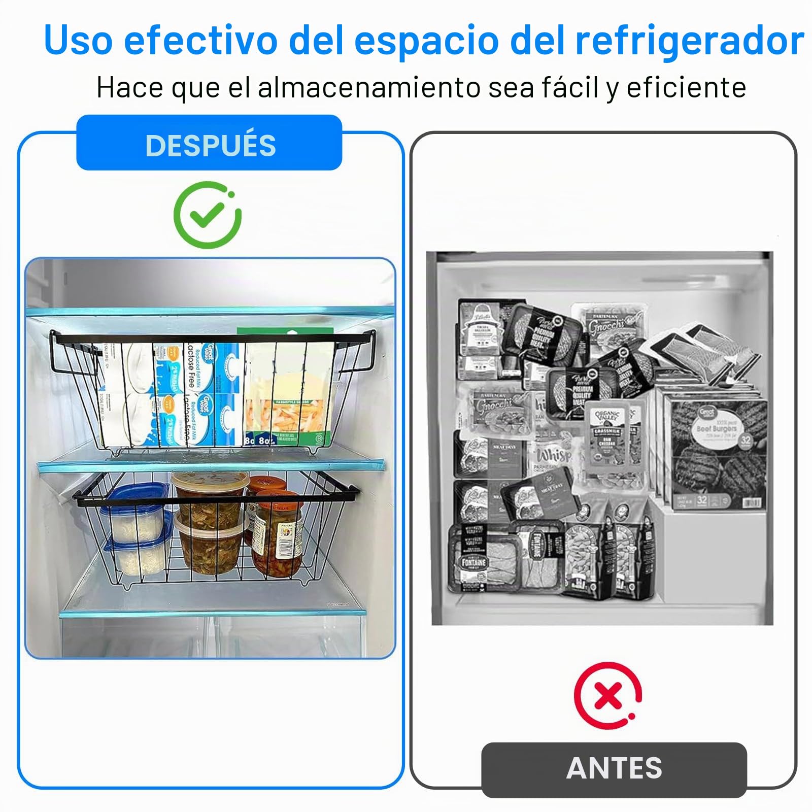 Juego de 6 bandejas organizadoras de congelador, cestas de congelador con asa plegable, contenedores de almacenamiento apilables para congeladores, cesta de fácil organización, almacena