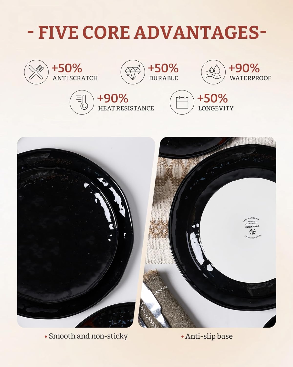 Famiware Porcelain kitchen plates and bowls set, Modern dishes set for 4, Handmade Wave Edge Dinnerware Sets, Microwave and Dishwasher Safe Tableware, Glossy-black (16pc) - Image 6