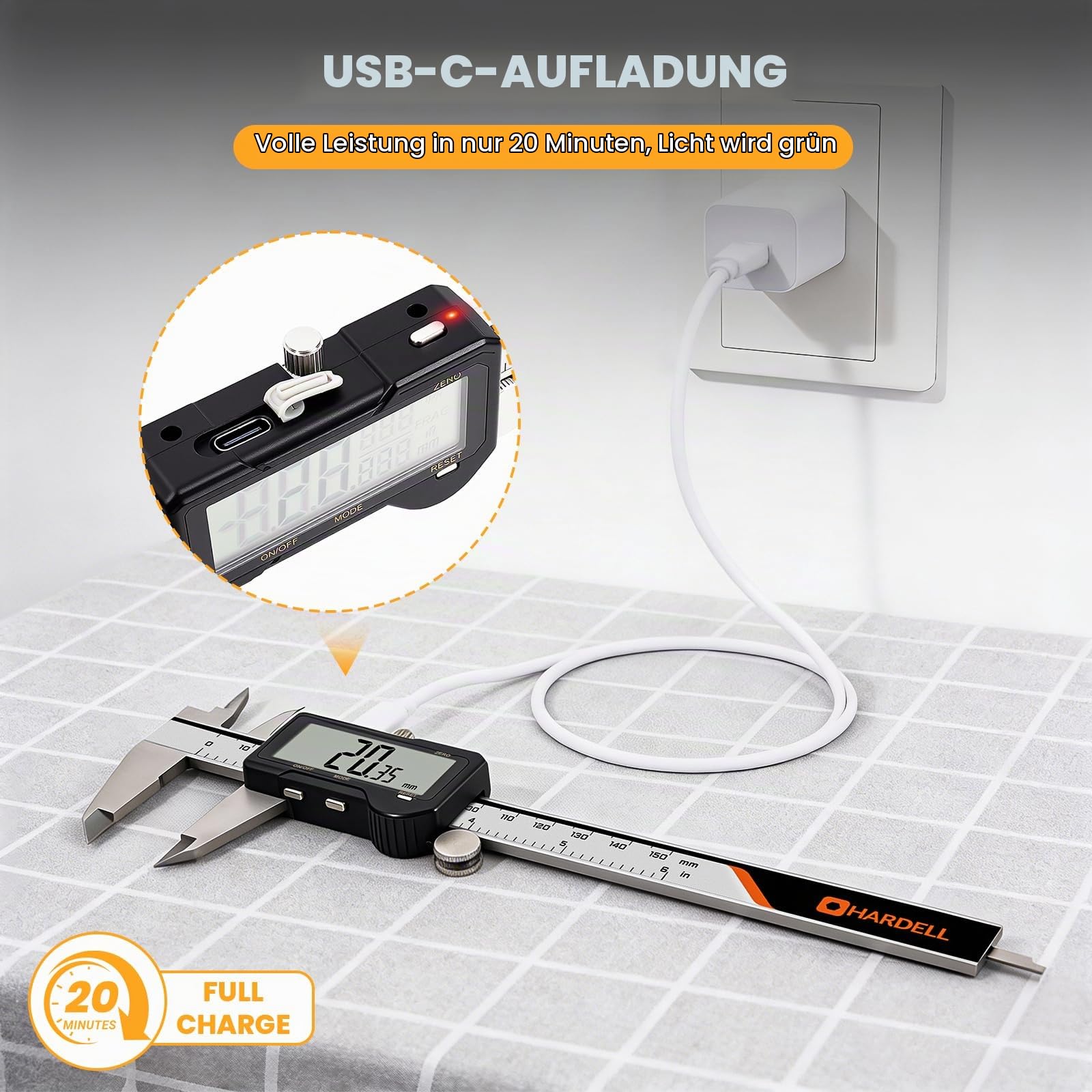 HARDELL Digitaler Messschieber 150 mm wiederaufladbar, LCD Display mit Reset-Funktion, Edelstahl, mm/Zoll/Bruch umschaltbar, Auto-Off, für Heimwerker, Hausgebrauch & 3D-Druck