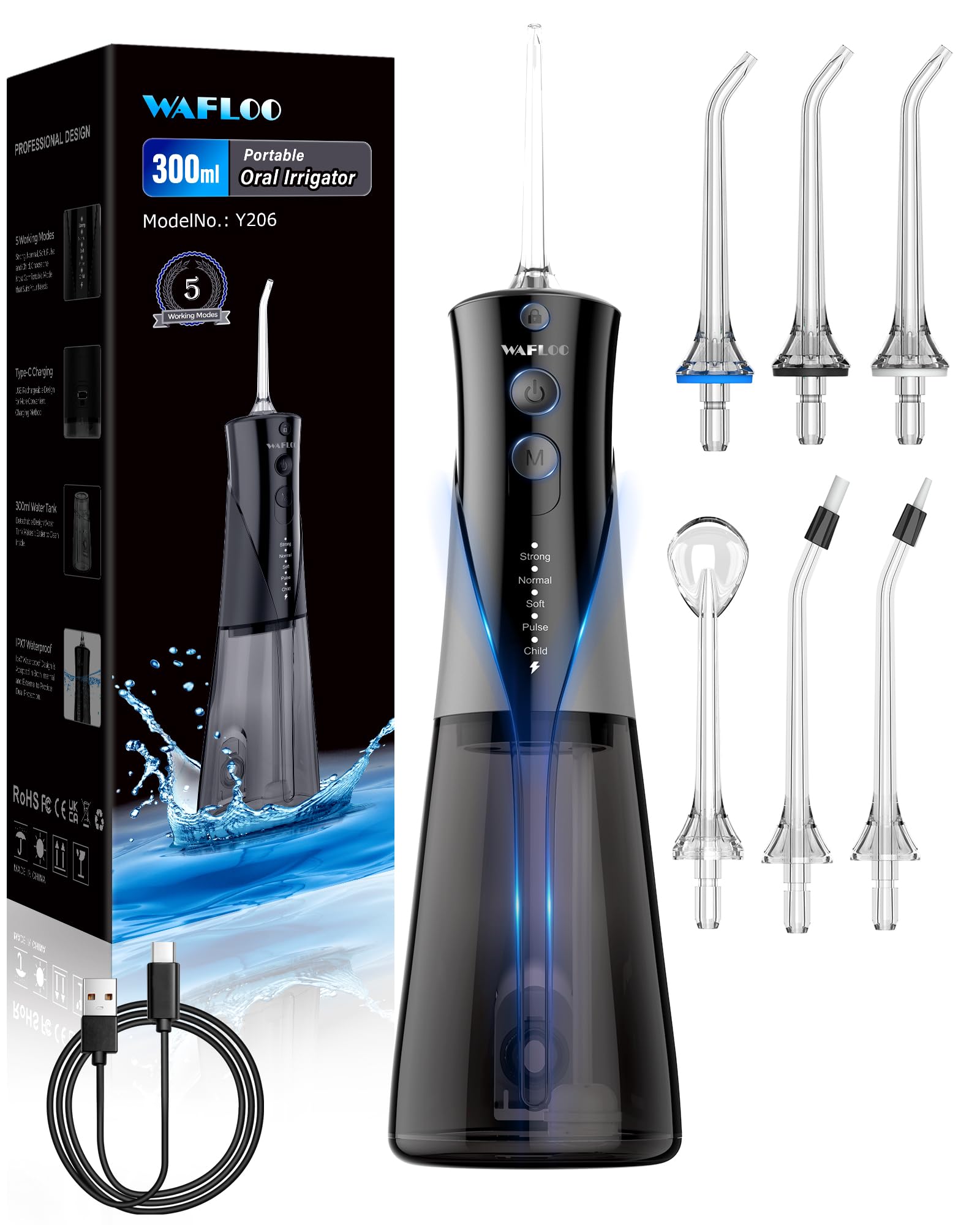Irrigador Dental Portatil, 5 Modos de Limpieza con 6 Boquillas, Tanque de Agua de 300ml, IPX7 Impermeable, Ideal para Limpieza Dental en Casa y de Viaje(Negro)