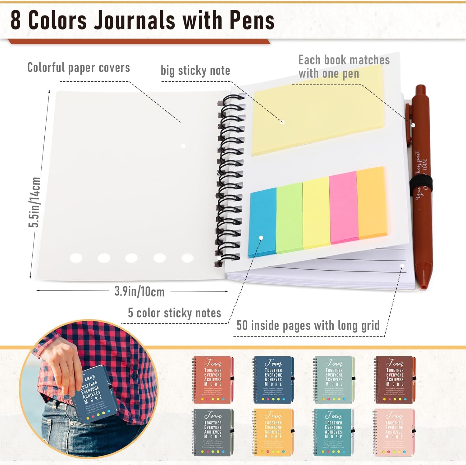 Resurhang 48 Pcs/24 Set Employee Appreciation Gift for Coworkers Staff Teacher Positive A6 Spiral Journal Notebook with Pen for Team Volunteer Week Lab Week(Bright Color,Team Together)