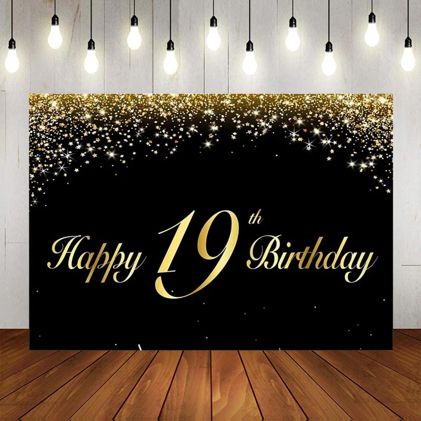 Happy 19th Birthday zestaw balonów w kolorze czarnym, dekoracja w stylu Cheers w wieku 19 lat, impreza, motyw girlandy, baner, tło fotograficzne, 440 x 300 cm