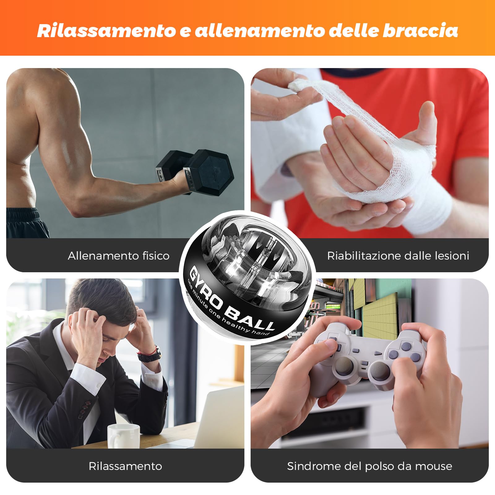 Gyroball, Pallina Giroscopica per Allenamento Polso, 5 Livelli di Resistenza, LED, con Borsa e Braccialetto (Guscio trasparente)