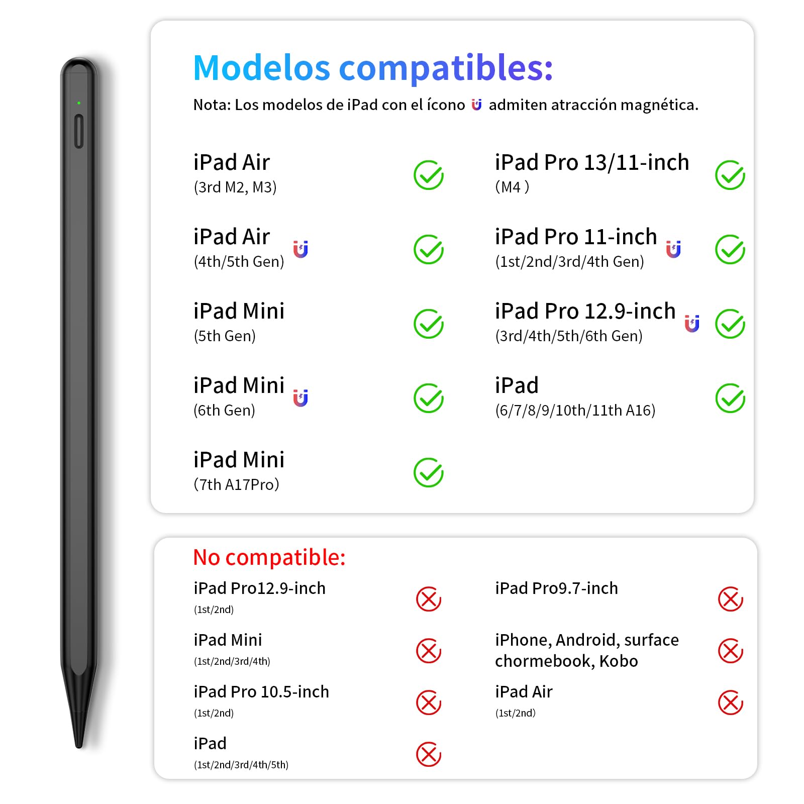 Lápiz para Apple iPad 2018-2025, Carga Rápida 15 Min, Compatible con iPad 6/7/8/9/10/11, iPad Air 3/4/5, iPad Pro 11/12.9/13, iPad Mini 5/6, Rechazo de Palma, Precisión de Píxel