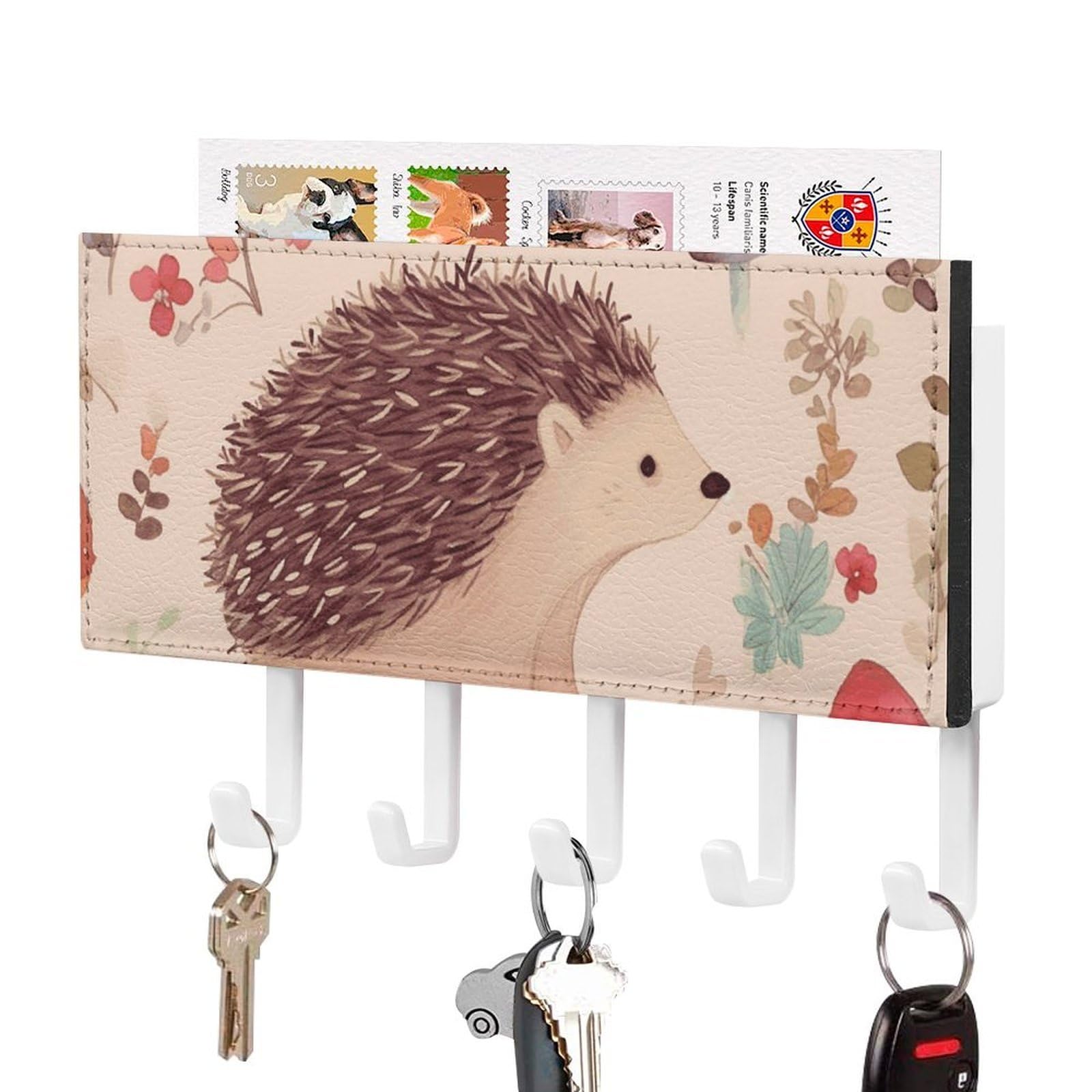 Vstadank White-Style Lovely Hedgehog Key Holder For Wall Decorative Mail Organizer Exquisite Coat Rack Pu Wall Mount Adhesive Keys Rack With Tray&5 Key Hook For Door Hallway Entryway Decor