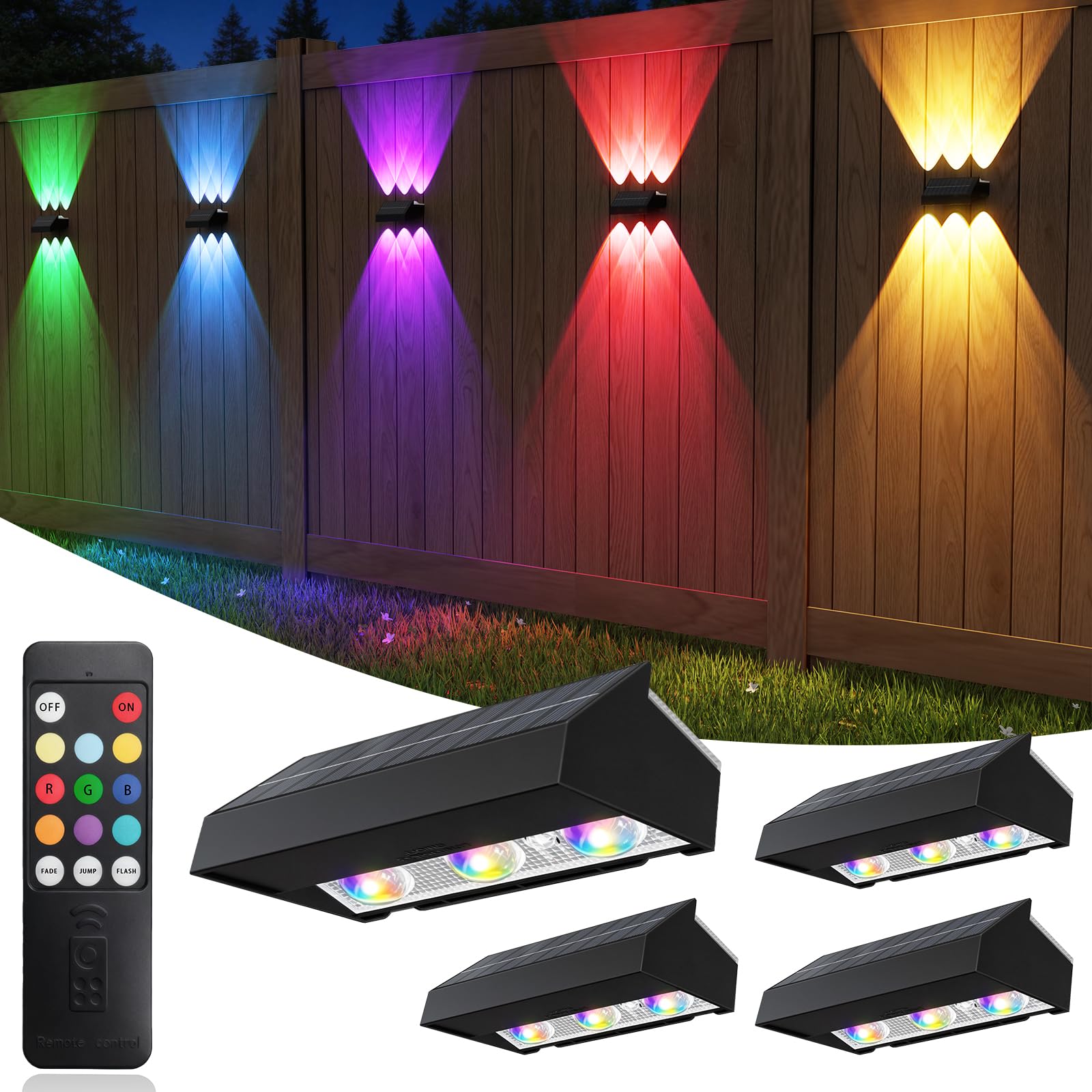 ZCXLIGHT Solar Fence Lights Outdoor Garden – Up & Down RGB & Warm White Solar Wall Lights, IP65 Waterproof, Long Runtime, 6 LED Beads, Dusk-to-Dawn – 4 Pack for Patio, Deck, Yard, Fence