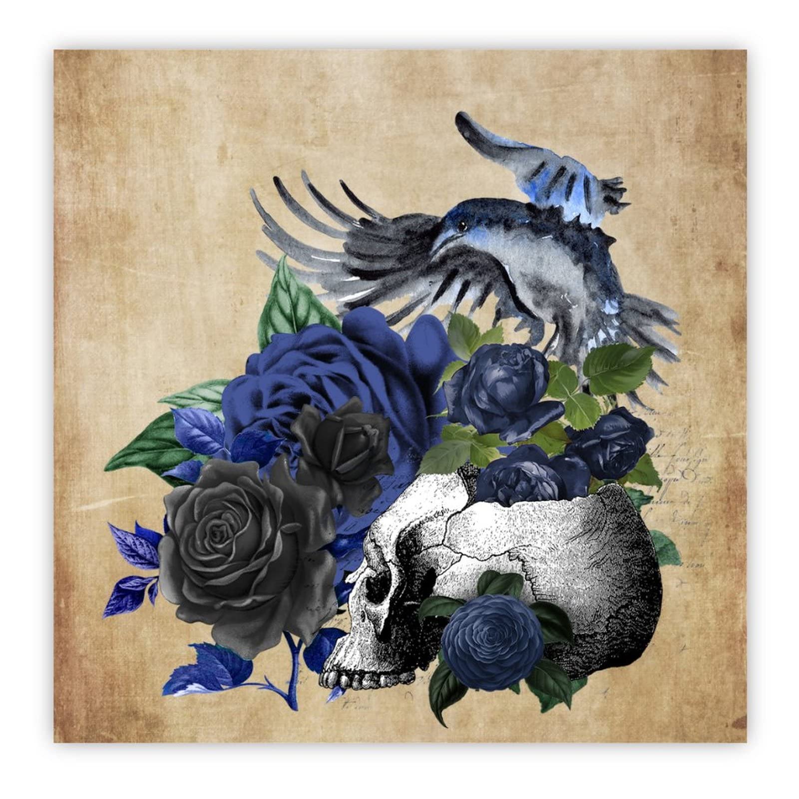 Panneau bois Raven On Skull avec rose bleue a suspendre 40 cm