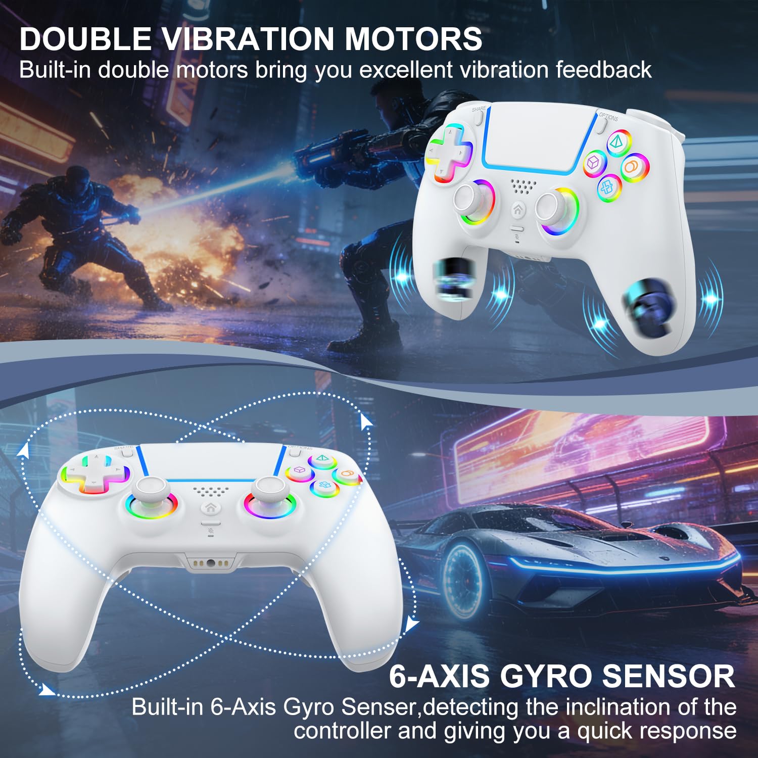 SWCTIM PS5 Controller Wireless,Kompatibel mit PS5 Pro/Slim/PC,Wireless Controller mit 7 RGB LED Licht,Doppelter Vibration,Makro/Turbo Funktion,6-Achsen Gyro Sensor,3.5mm Kopfhörerbuchse,Weiß