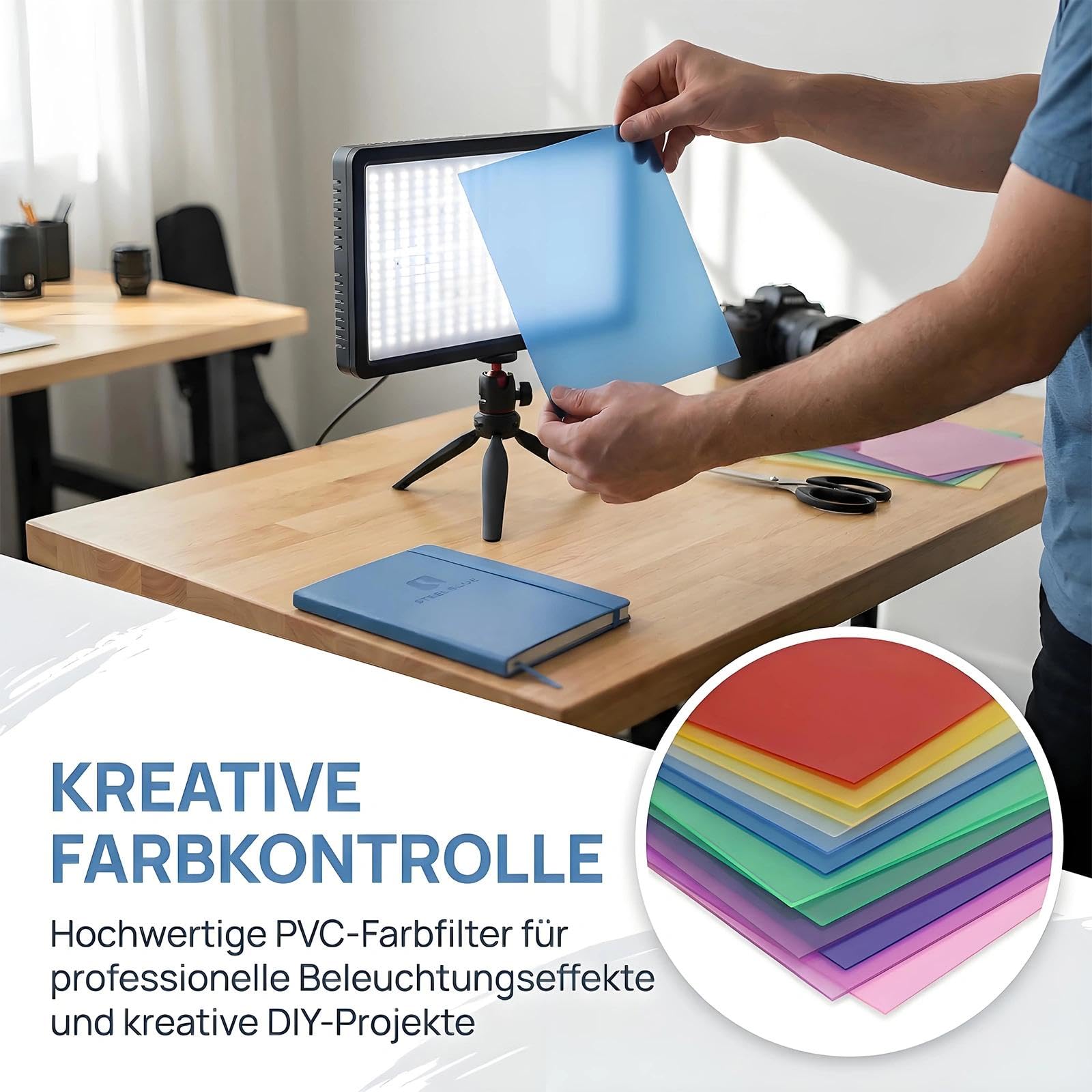 9 Stück Farbfolie Folie hitzebeständig, 29.7 x 21cm Lampenfolie Hitzebeständig Transparent A4 Farbfilter Folie, mit Zuschneidewerkzeug, für Lampe Scheinwerfer Foto Studio LED- 9 Farben