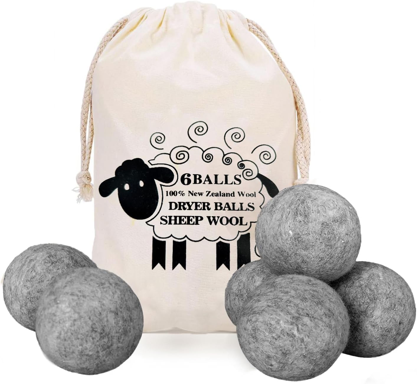 XL Wool Dryer Balls 6-Pack 100% Made of Wool Reduces Clothing Wrinkles and Saves Drying Time Reusable Natural Fabric Softener Stocking Stuffer Gifts (Dark Gray)