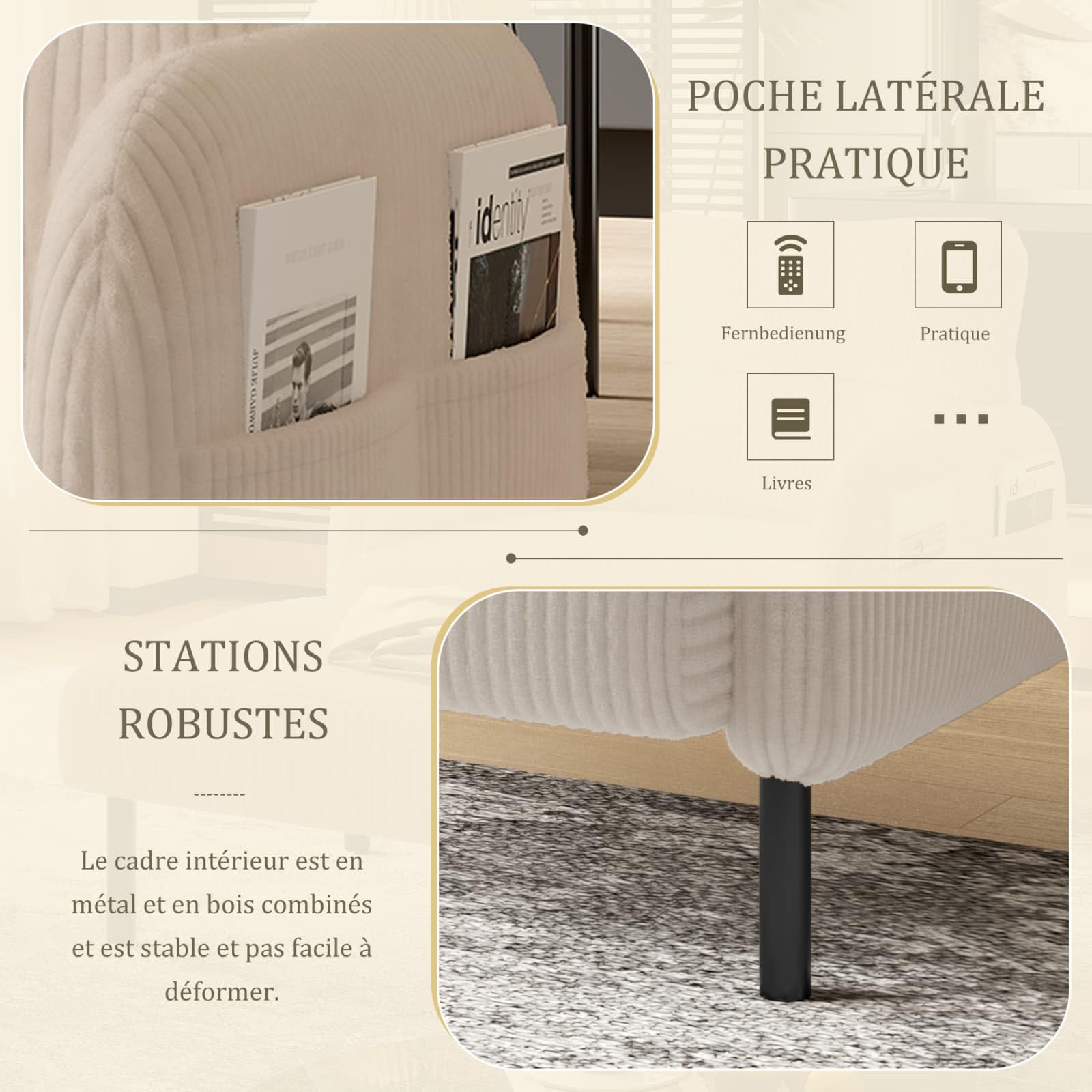 KOMHTOM Fauteuil Simple Places en Velours Côtelé avec Dossier Haut Confortable, 4 Poches et Pieds en Métal - Canapé d'angle Moderne pour Salon, Chambre à Coucher et Bureau (Beige - 1 Place)