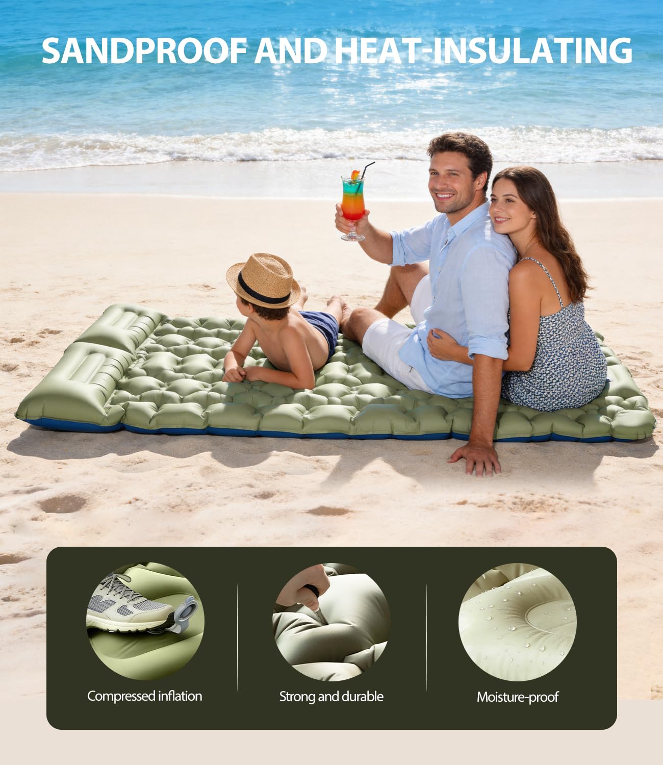 Doppel Isomatte für 2 Personen Outdoor Luftmatratze 195x134cm Breit,10cm Dicke Fußbetätigte Aufblasfunktion, Perfekt für Paare & Familien-Camping, Festival & Gästebett