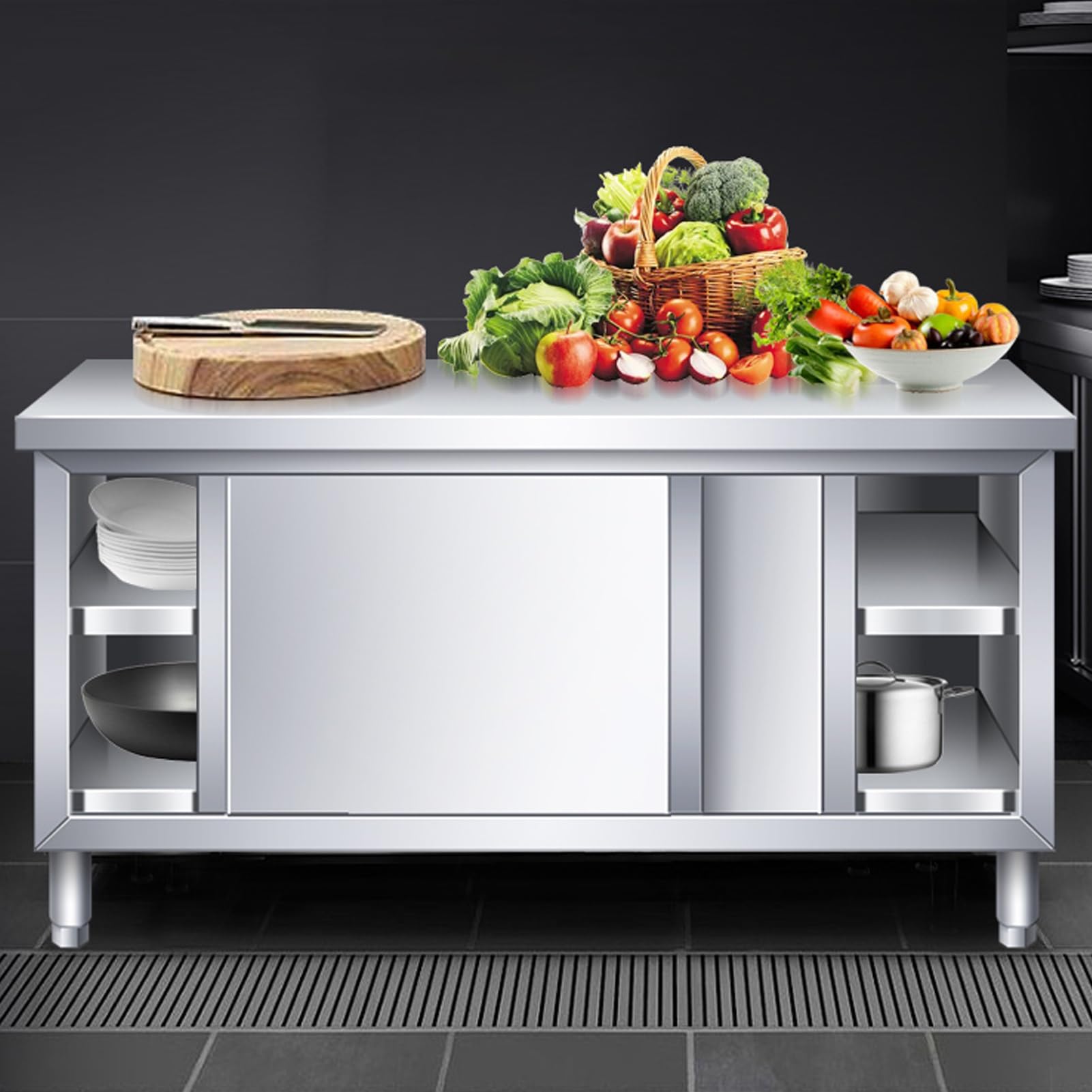 Edelstahl Arbeitstisch Küche, Küche Arbeitstisch, Zerlegetisch mit Einem Durchgang, Arbeitsplatte Edelstahlschrank, for Zuhause, Restaurant, Hotel(80x50x80cm)