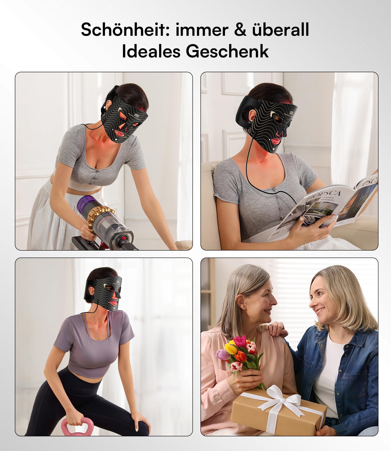 INIA LED Gesichtsmaske Lichttherapie 4 Modi 850nm NIR Rote Blaue 220 Perlen Red Light Therapy Face Mask Aufladbar 2600mAh Anti-Aging