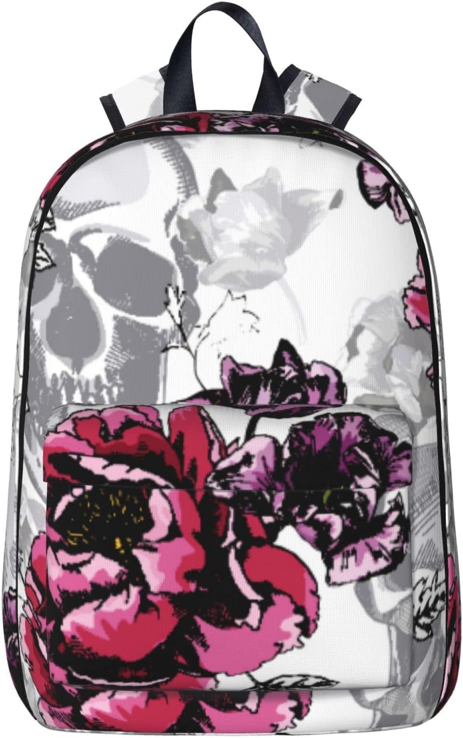 AffillevePink Peony Violet Tulips Flowers Silver Gray Skulls Casual School Backpack For Teen Girls Boys, Travel Hiking Shoulder Daypack Bag For Men Women, Black, One Size, Rucksack Backpacks