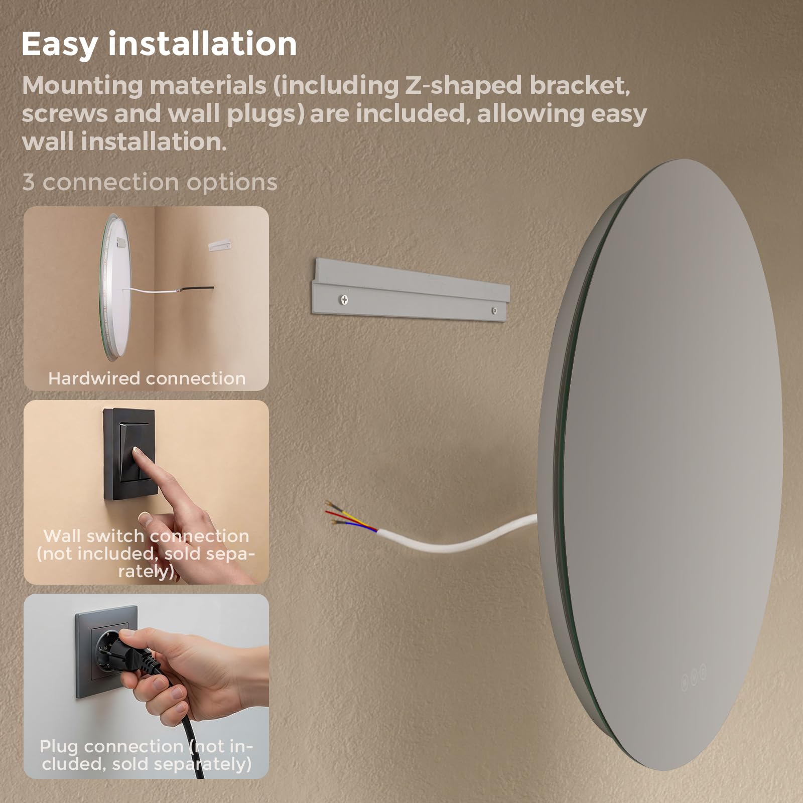 Lustro łazienkowe LED 80 cm okrągłe S'AFIELINA, lustro z LED do łazienki, lustro łazienkowe z oświetleniem LED, antypara, ściemniane, 3 barwy światła, pamięć, IP65