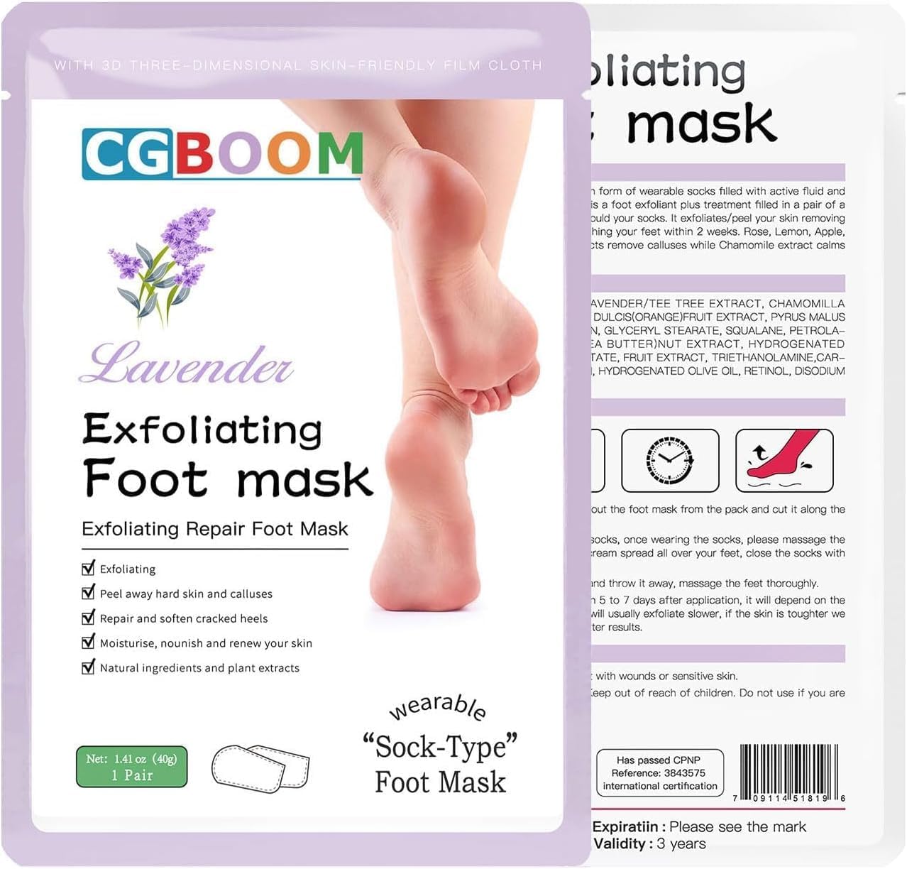 5 Paires Masque Peeling pour les Pieds -Masque Pieds Exfoliant et Nourrissant pour Callosités, Crevasses et Pieds Secs -Pieds Doux pour Bébé, Pas de Mal - pour Femmes & Hommes (Lavande)