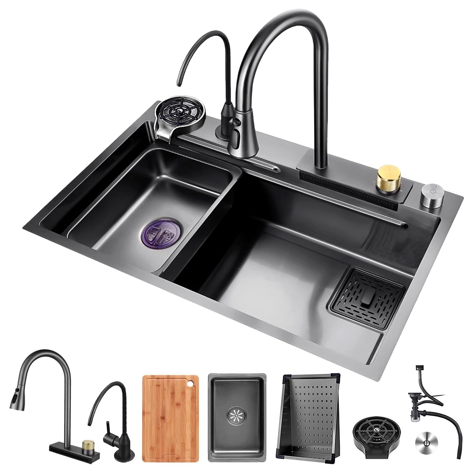 ZQFHSX Large Workstation Kitchen Sink, Multifunctional Bar Prep Sink With Waterfall Faucet, Cup Washer & Drain Kits, Stainless Steel Farmhouse Drop In Single Bowl Utensil Sink(A,70x50x21cm)