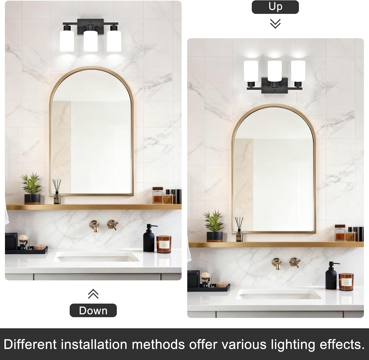 Modern 3-Light Vanity Light Over Mirror, Black Bathroom Light Fixtures, Wall Sconces with Milky White Frosted Glass Shades, E26 Socket (Bulbs Not Included) (Black, 3-Light)