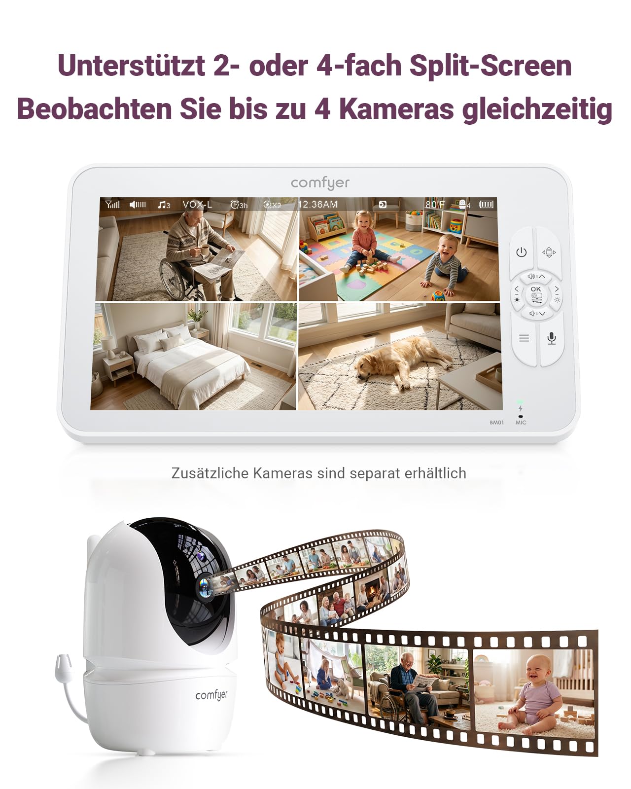 Comfyer BM01 Split-Screen Babyphone 7" HD 720P 2 Kameras ohne WLAN IR-Nachtsicht VOX-Modus 2-Wege-Audio 6000mAh 300M Reichweite