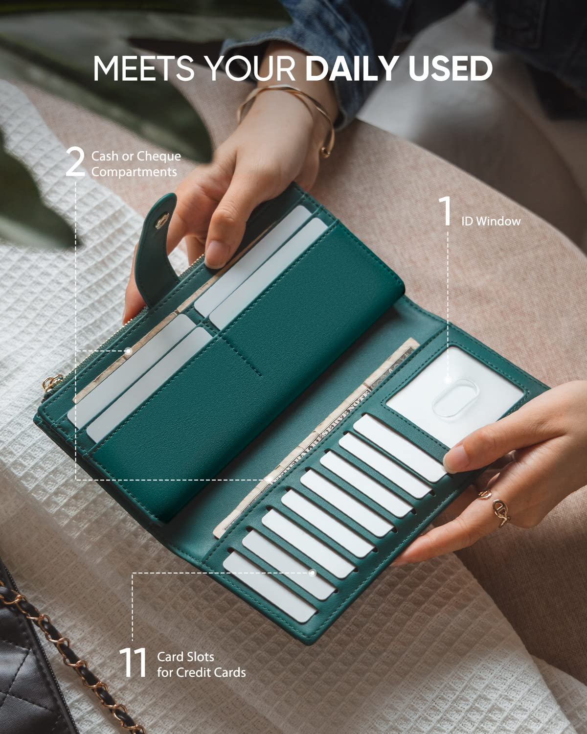 Vulkitty Portafoglio per le donne borsa in pelle di grande capacità RFID blocco carta di credito organizzatore con tasca con cerniera, Verde
