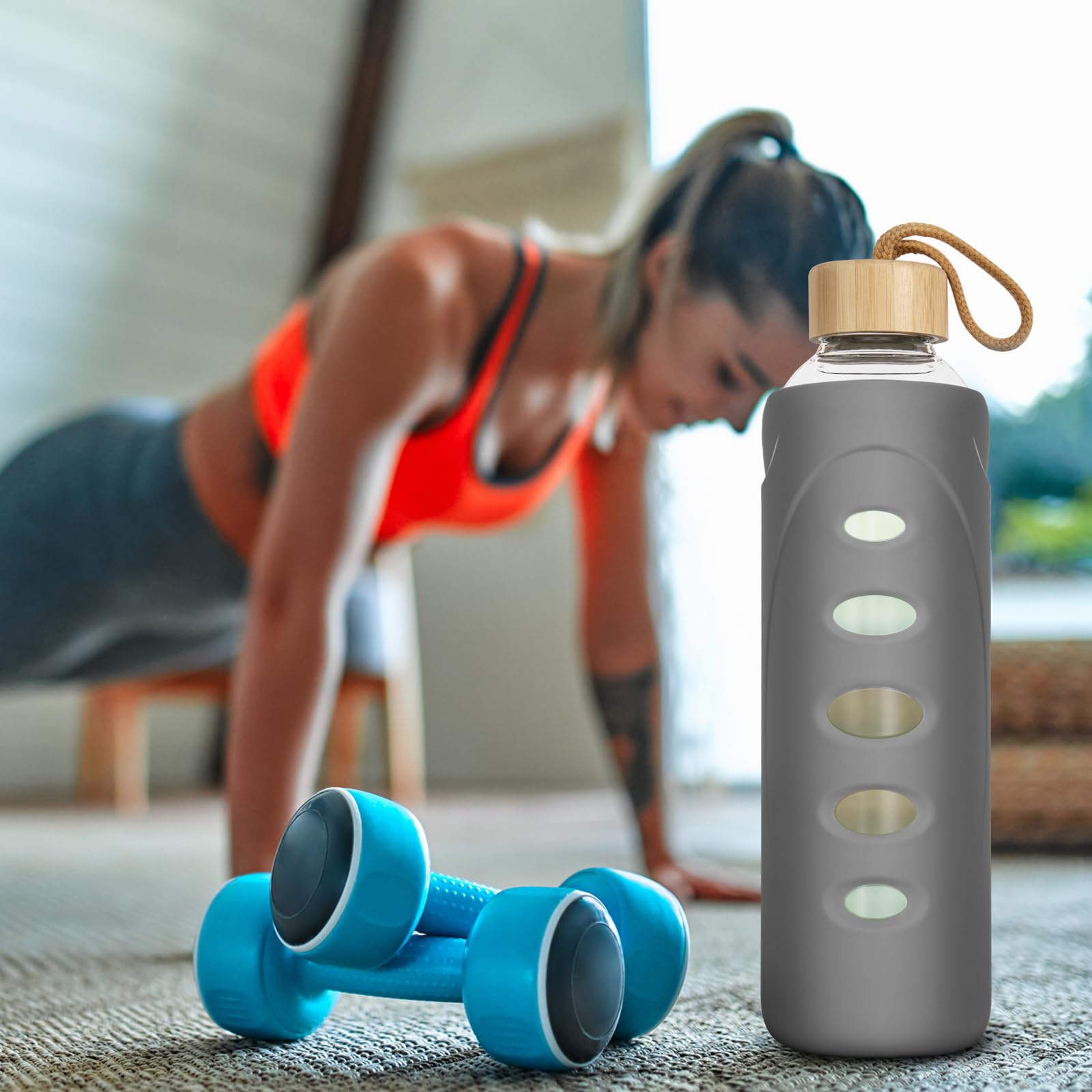 Ferexer 1 litre / 1l / 1000 ml Sport Borosilicate Glass Water Bottle with Protective Silicone Sleeve and Bamboo Lid (grey) - Image 4