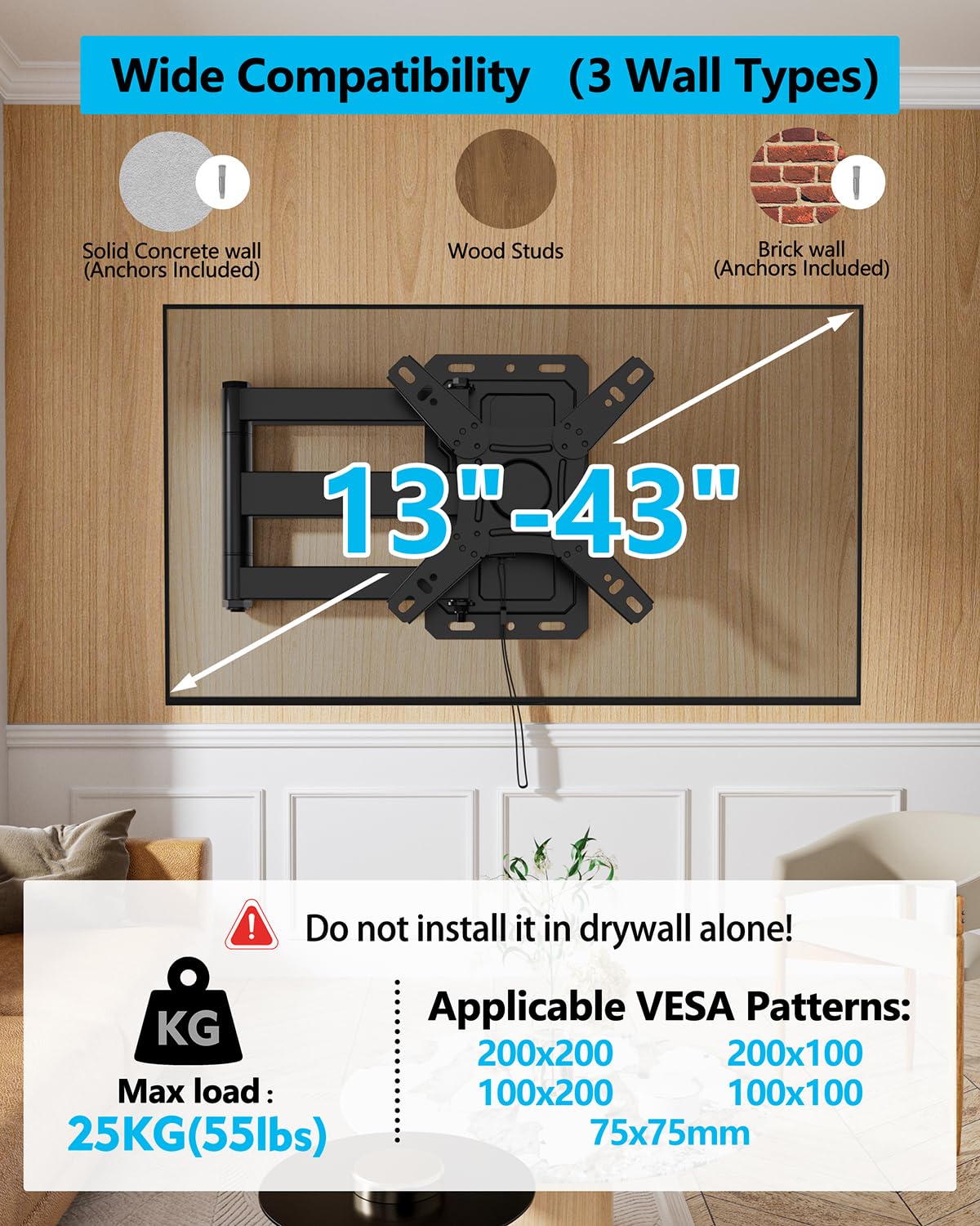 FORGING MOUNT Supporto da parete per TV RV con serratura da orizzontale a verticale per TV e monitor da 13-43 pollici, supporto da parete per monitor TV Full Motion con sgancio rapido per camper