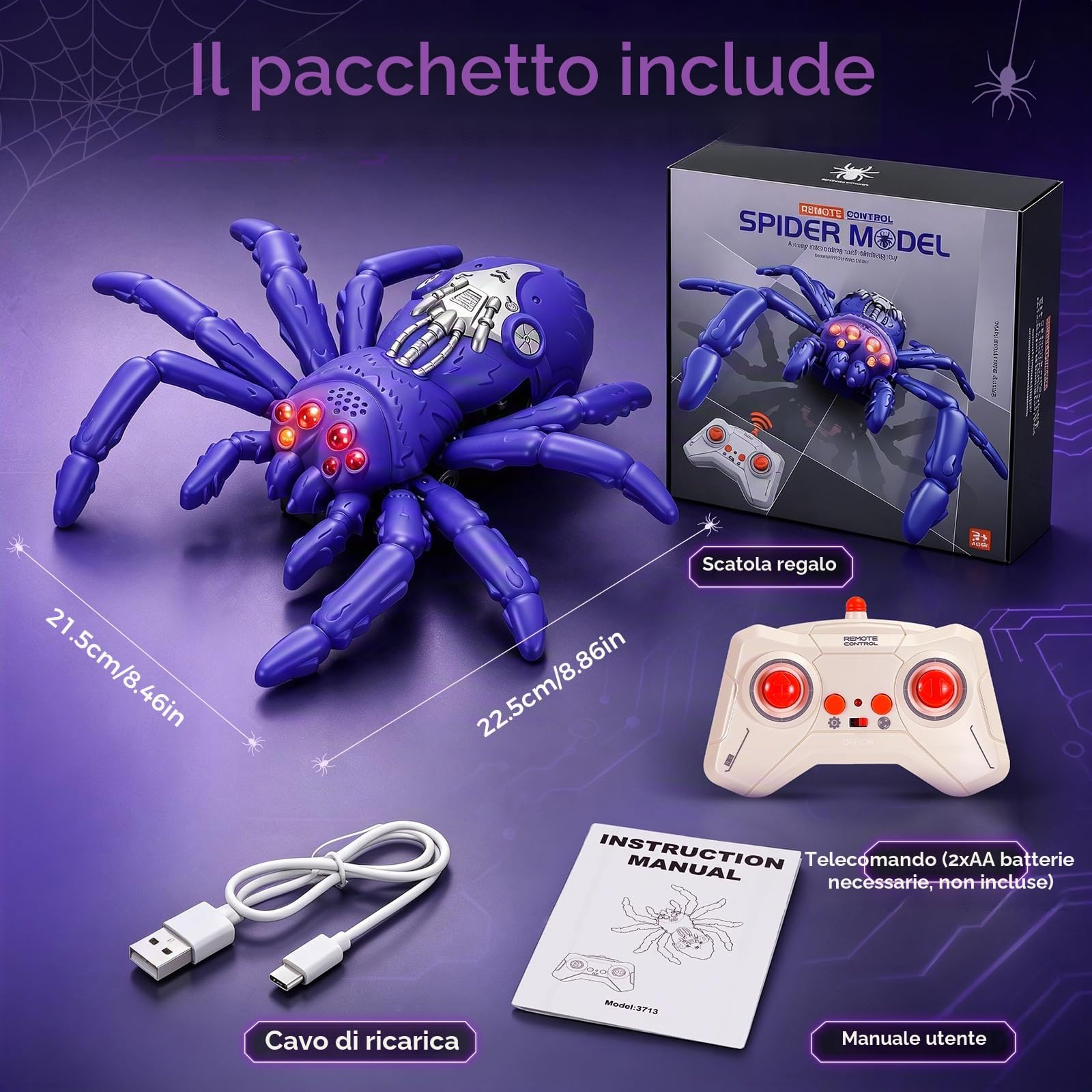 Ragno giocattolo telecomandato, ragno da parete per auto, giocattolo ragno radiocomandato, con 8 zampe, rotazione a 360°, occhi LED, pareti di arrampicata per parete e pavimento, per bambini