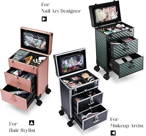 Miniatura 2 de Adazzo Caja de tren de maquillaje rodante profesional con cajones, carretilla cosmética grande con cerraduras, Mate rosa