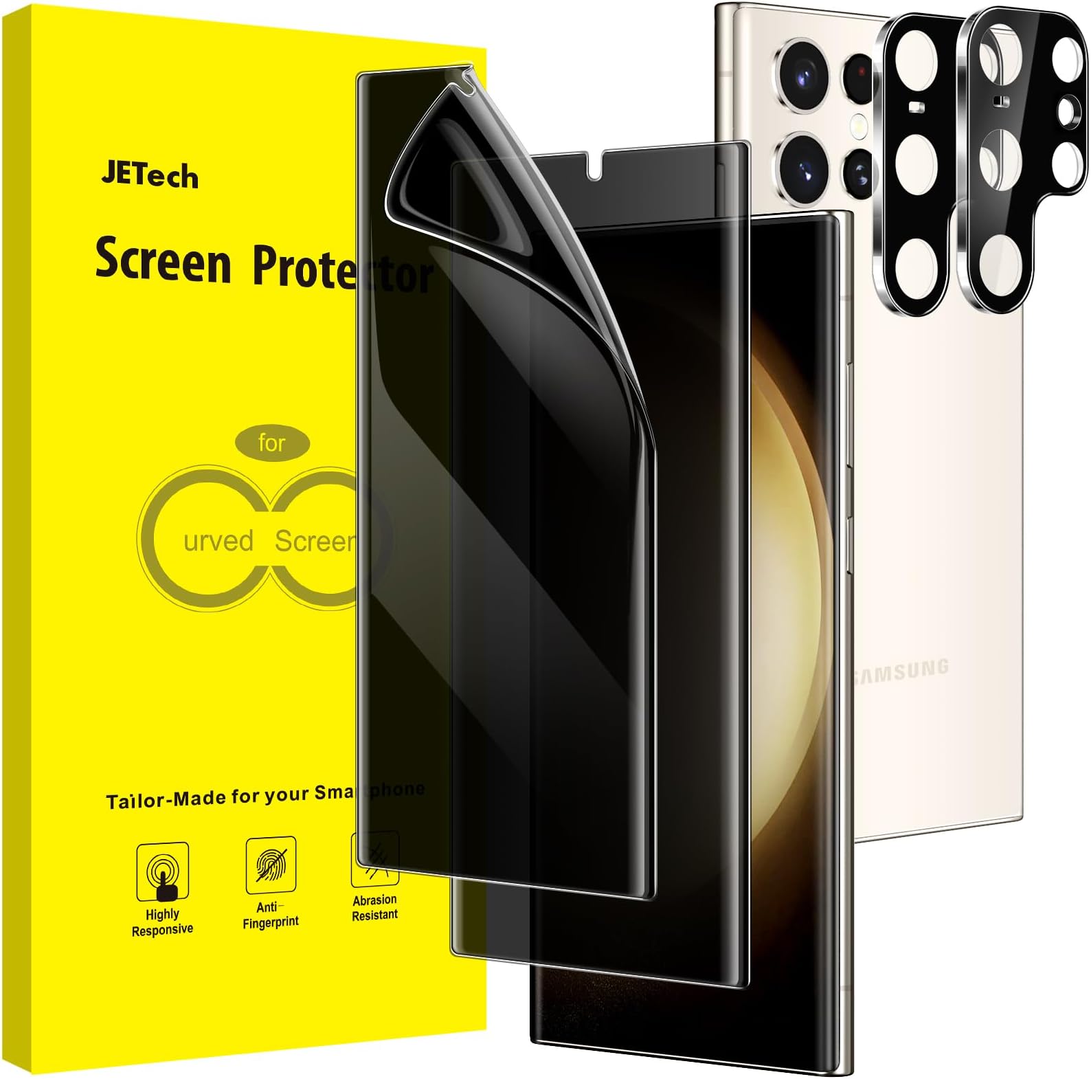 JETech Privacy Screen Protector for Samsung Galaxy S23 Ultra 5G 6.8-Inch with Camera Lens Protector, Anti-Spy Flexible TPU Film, Fingerprint Unlock Compatible, 2-Pack Each