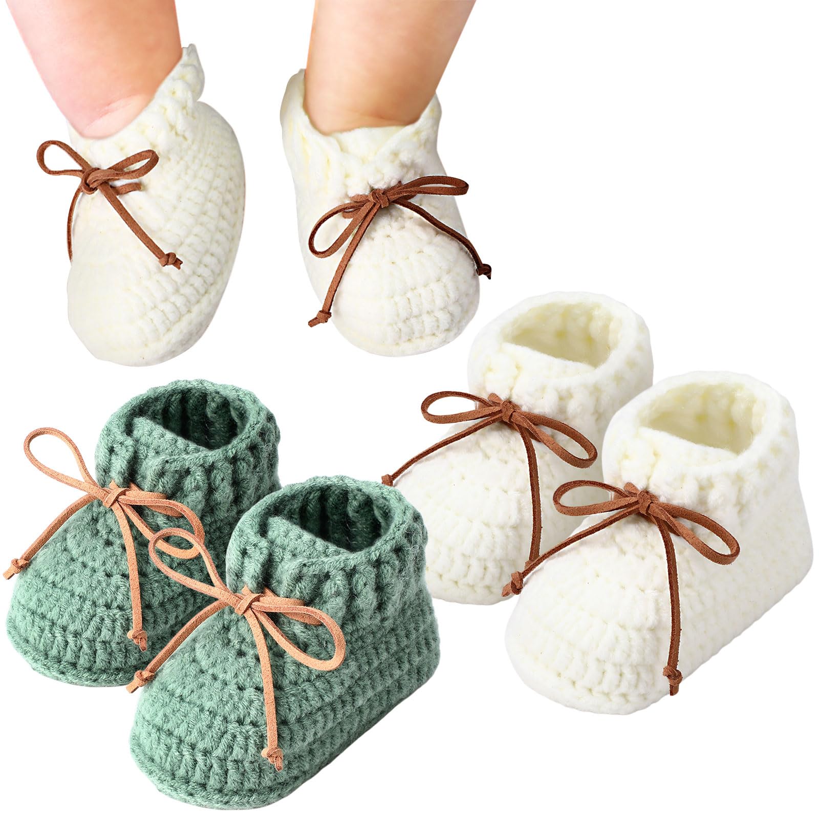 Jeere 2 Pairs Knitted Baby Booties 0-6 Months Crochet Newborn Shoes First Walkers Cozy Shoes Sock for Infant Toddler Boy Girl Baby Shower Gifts