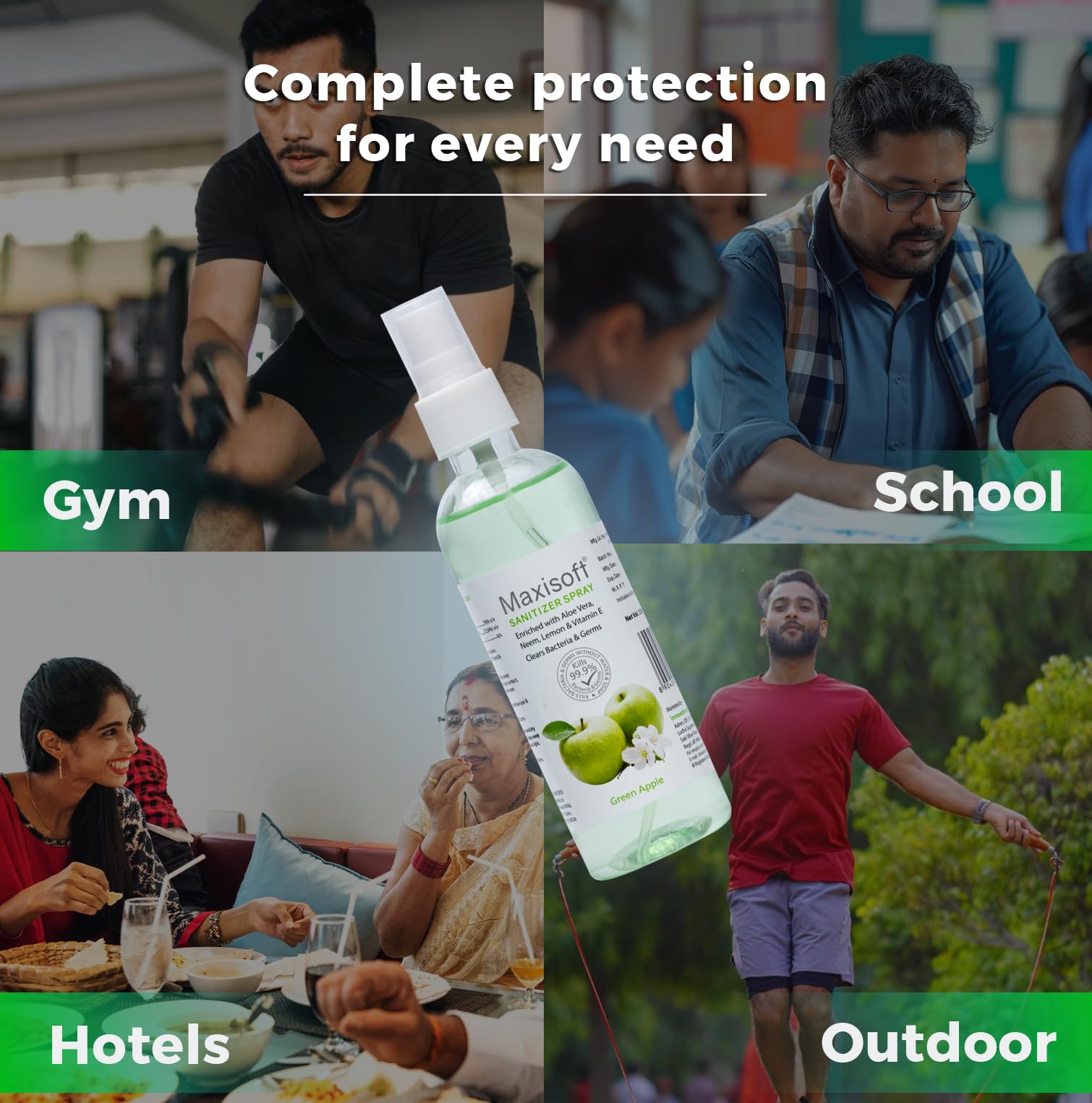 Maxisoft Hand Sanitizer Spray (120 ml)|With Aloe Vera, Lemon, Neem, Vitamin E & Glycerine|Paraben Free|Gentle on skin, tough on germs|(120 ml) (Green Apple, Pack of 4 (120ML X 4)) 4