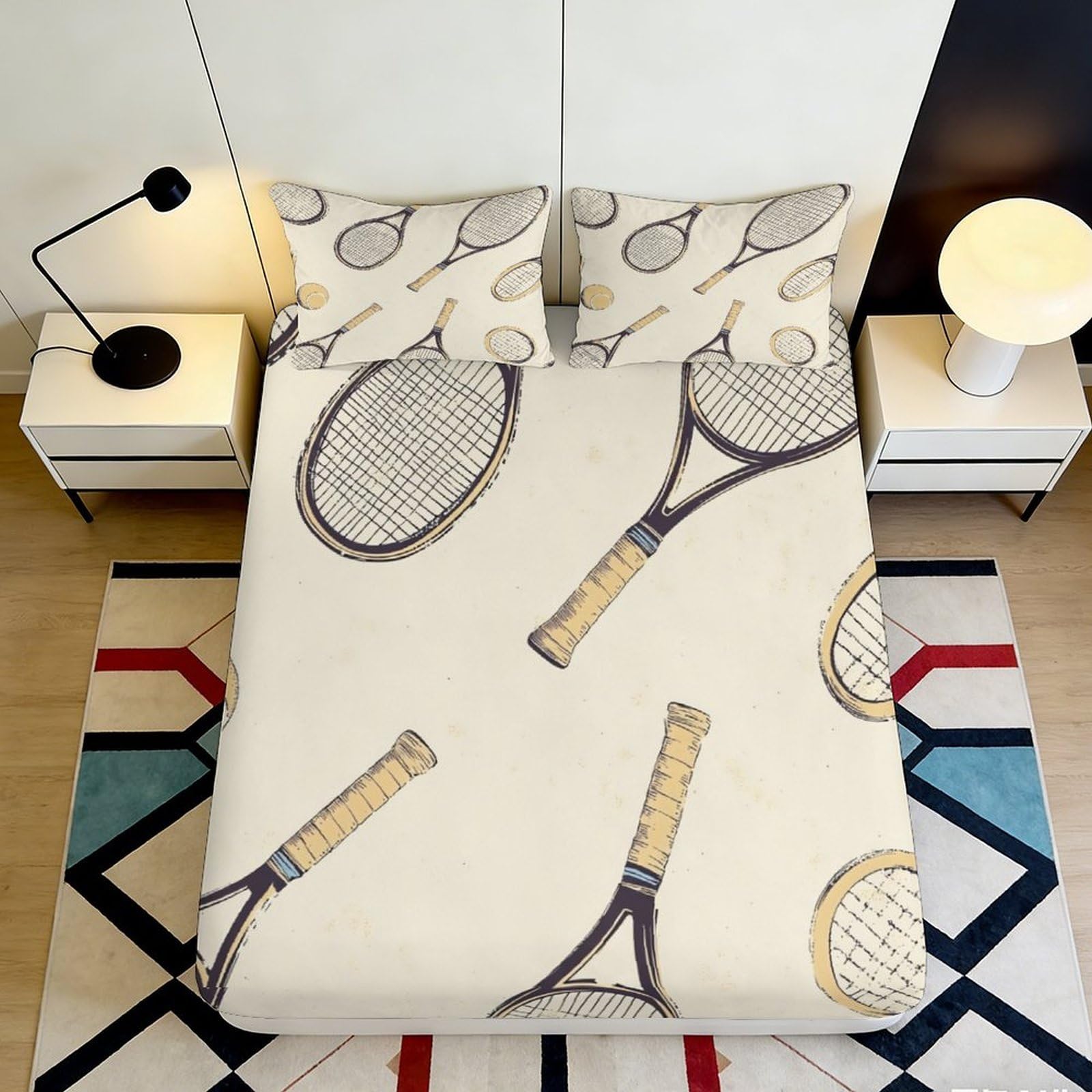 3D Printed Vintage Tennis Rackets Fitted Sheet Microfiber Soft Durable 3D Printed Tennis Balls Mattress Cover for Bedroom Dormitory Guest Room Protection 160x200x25cm