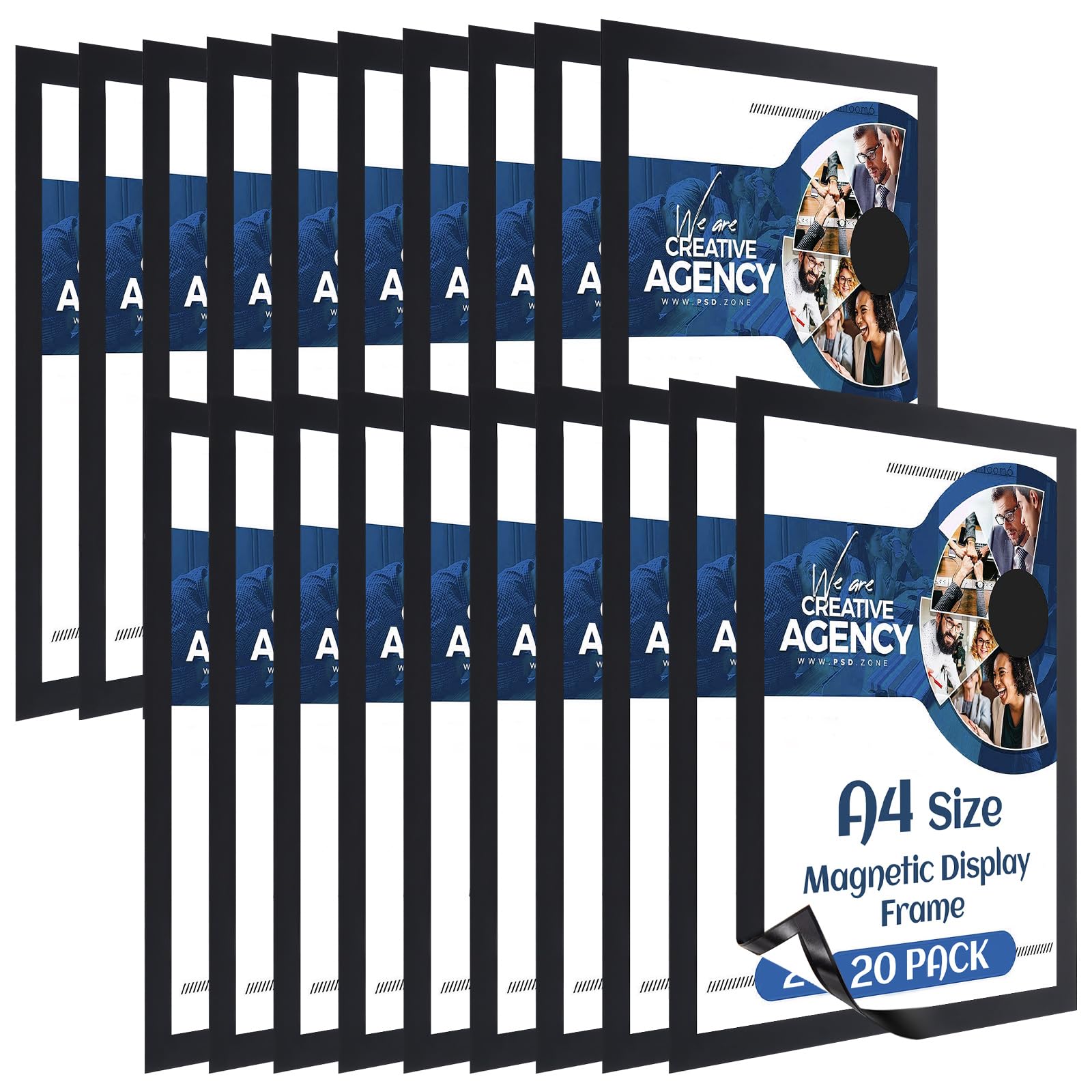 AKOLAFE 20 PACK Magnetic Picture Frame A4 Magnetic Photo Peel and Stick Picture Frames A4 Black Poster Snap Frame Clip Frames for Paintings, Photos