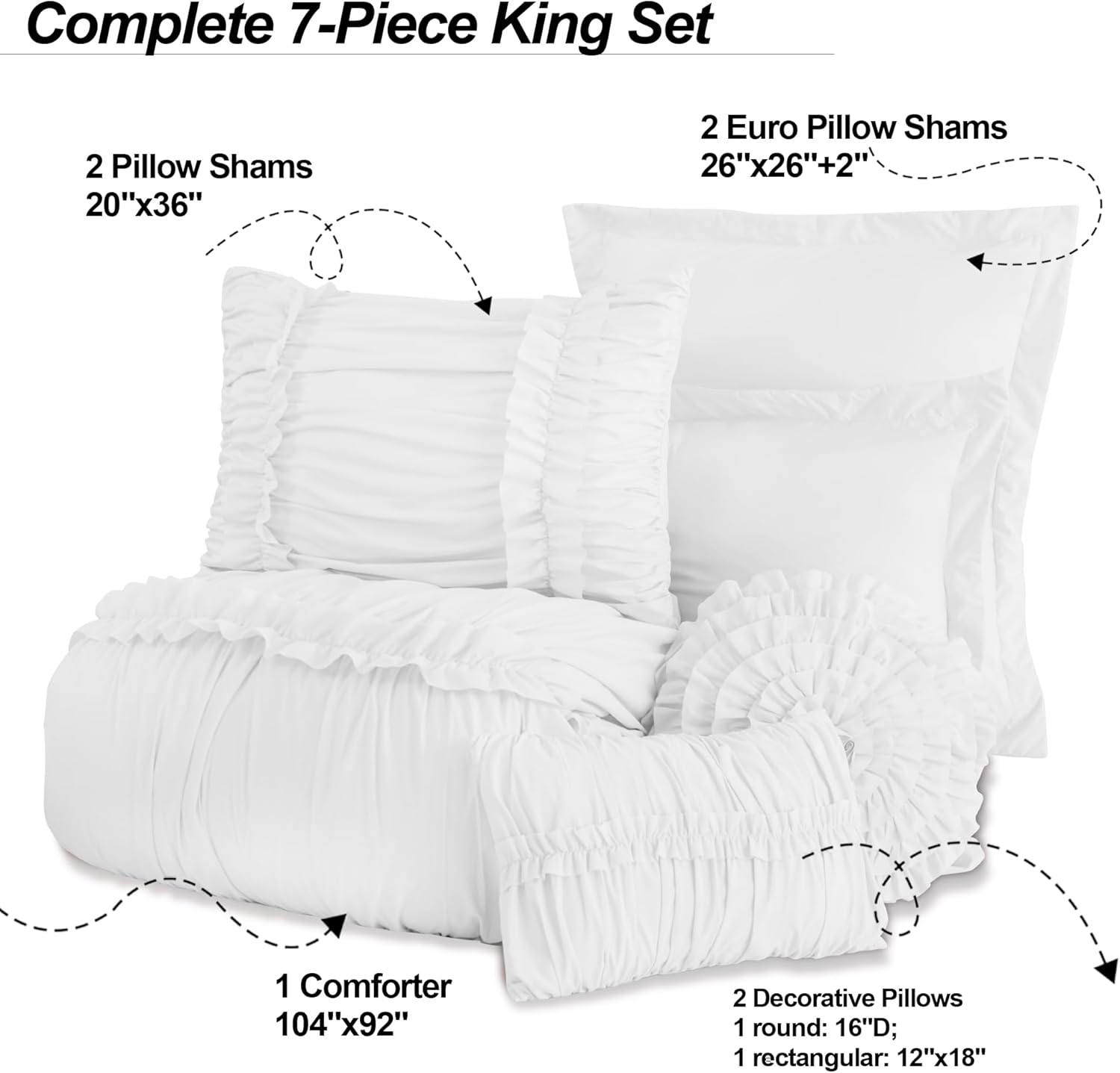 Homechoice Decor White Comforter Set 7 Piece King, Ruffled Bedding Bed-in-a-Bag with Decorative Pillows, Elegant Vintage-Inspired & Modern Farmhouse Style (LQ-43)