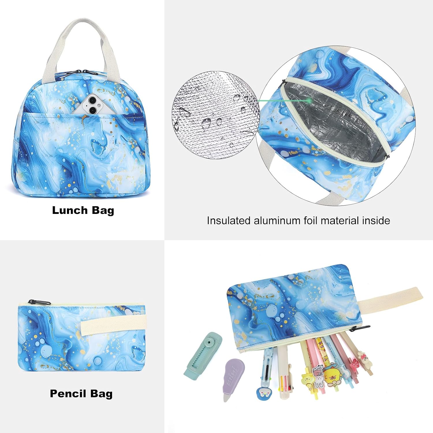 Marble School Backpack for Girls, 3Pcs Waterproof Lightweight Kids Student Backpacks with Lunch Bag and Pencil Case