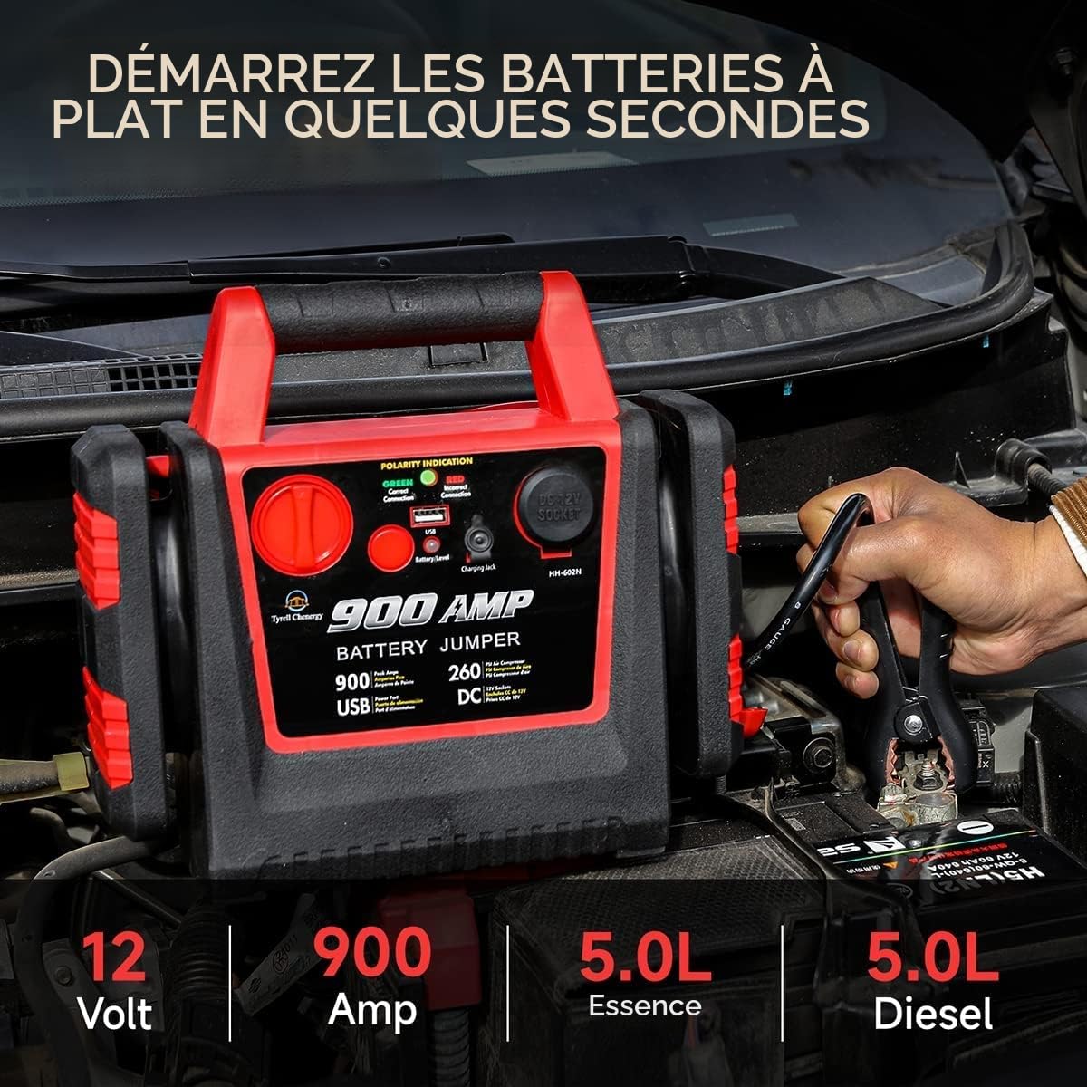 Bloc d'alimentation de démarrage de Voiture avec compresseur d'air, 900 A 12 V Plomb-Acide Booster Power Pack, Chargeur de Banque d'alimentation avec Prise USB et Prise DC, gonfleur de Pneu