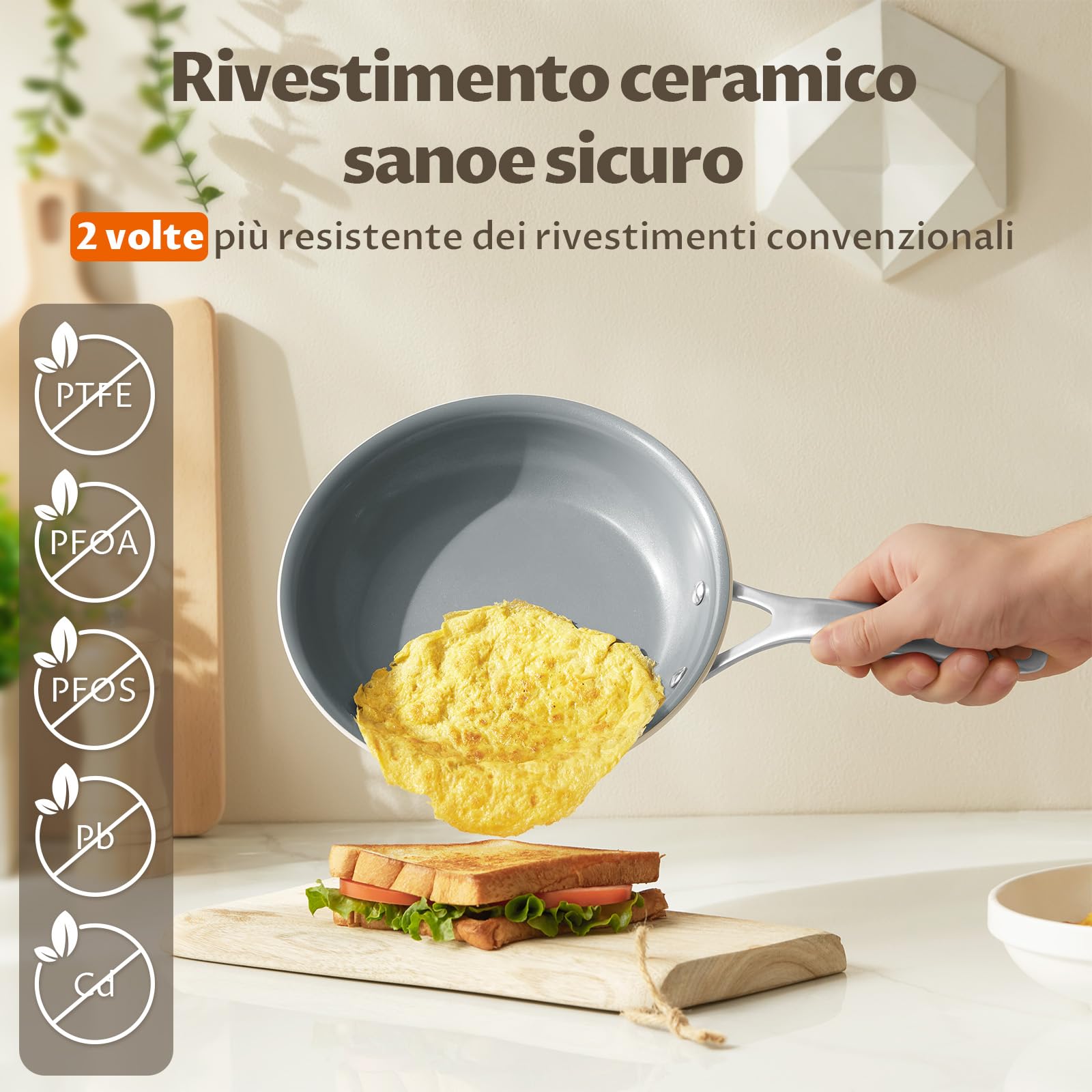 BLAZANT Padella Antiaderente 28cm in Ceramica, Senza PTFE e PFOA, con Manico in Acciaio Incluso, Base SolidPlate per Induzione, Padelle per Tutti i Piani Cottura, per Cucina Familiare Quotidiana