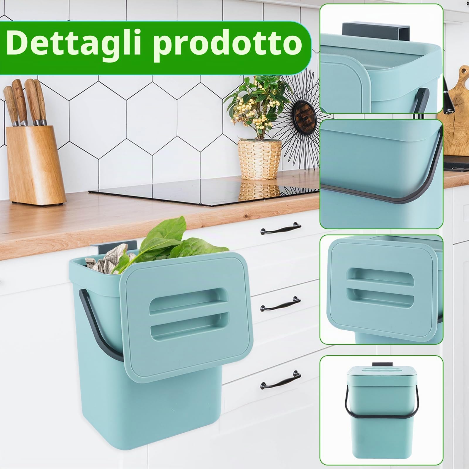 Secchio da Compost da Cucina Piccolo, Bidone della Spazzatura da Appendere, Biometro, Pattumiera per Piano di Lavoro, Contenitore con Coperchio, Compostiera, per Interni, 3 L, Blu.
