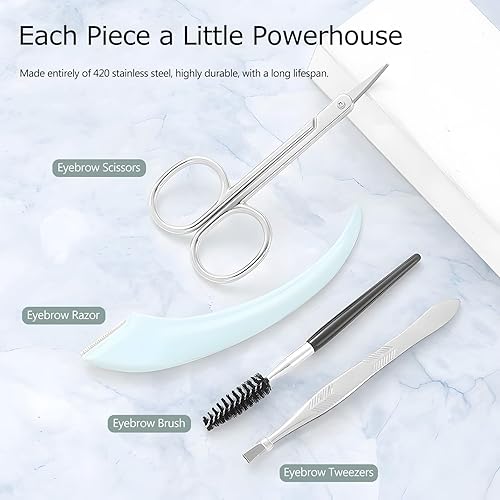 Miniatura 5 de Kit de recortador de cejas, juego 5 en 1 con tijeras para cejas, maquinilla de afeitar, pinzas, cepillo y espejo para mujer, incluye bolsa de cuero